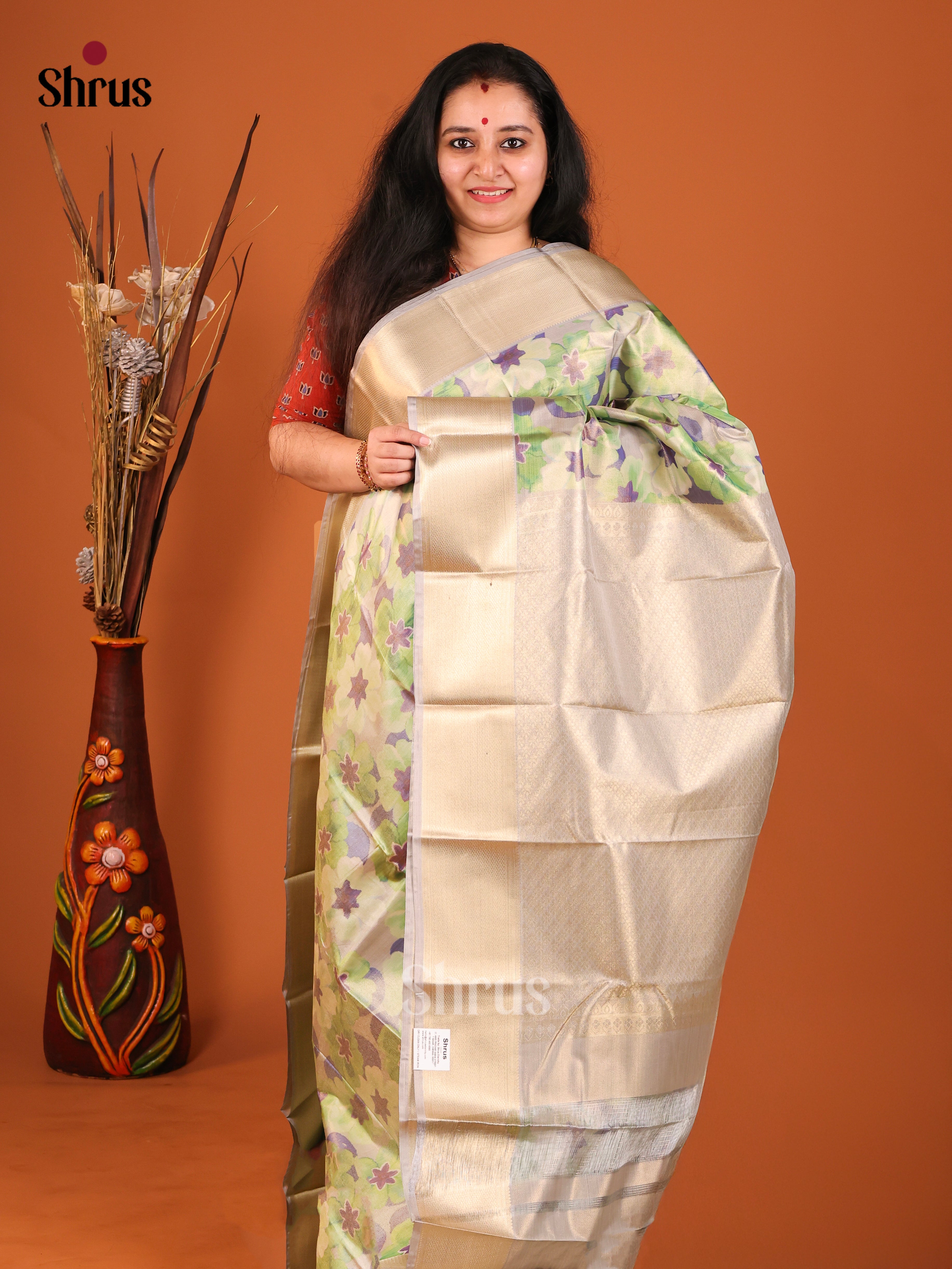 white green Kanchipuram-halfpure Saree