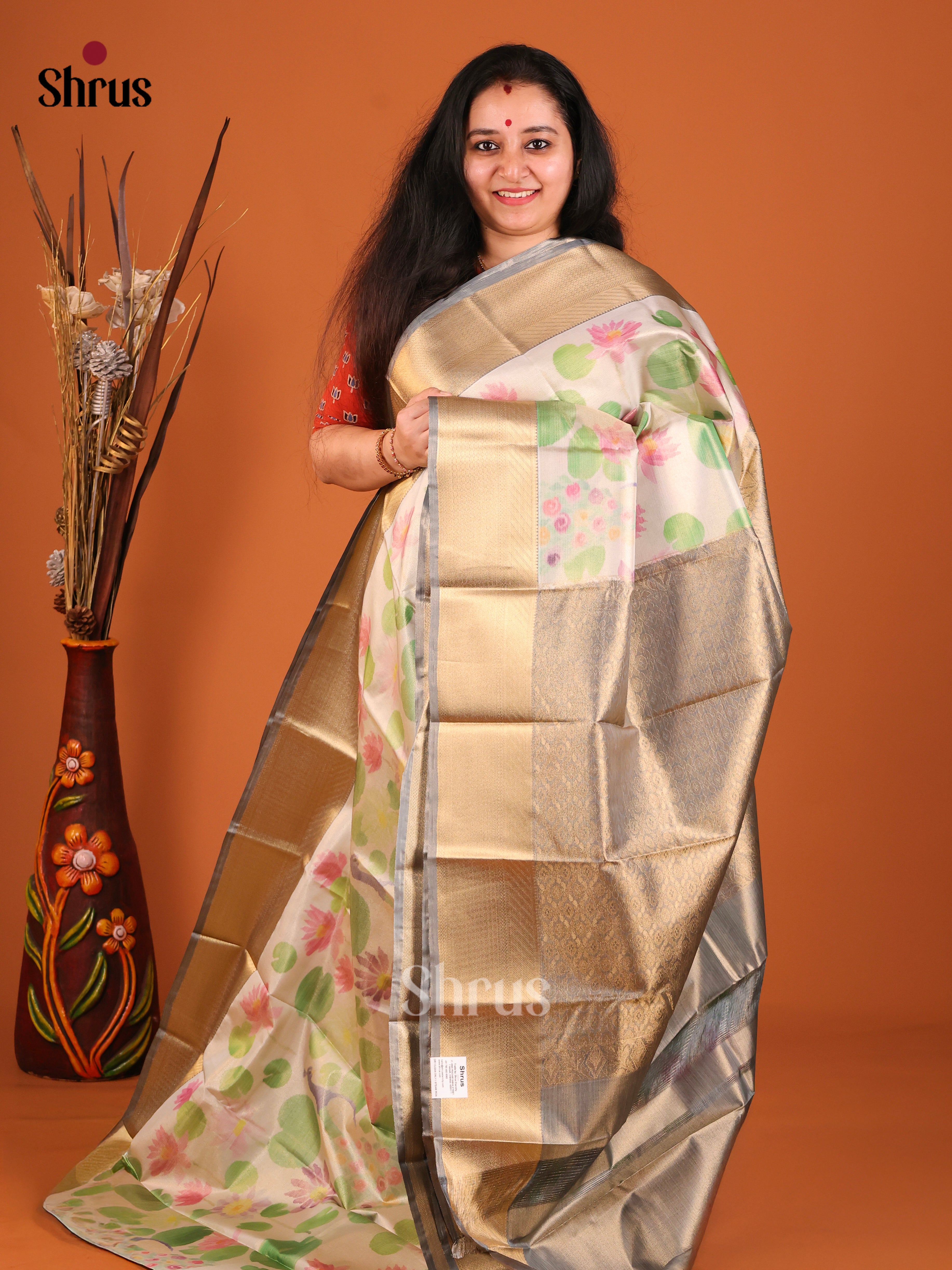 white designed Kanchipuram-halfpure Saree