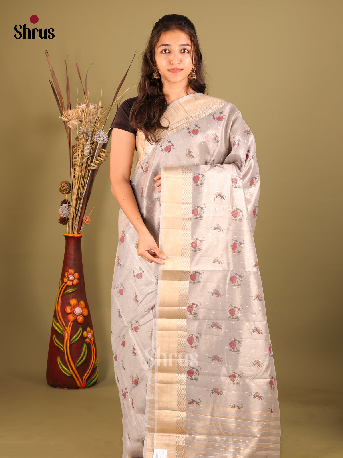 Grey - Semi Tissue Saree