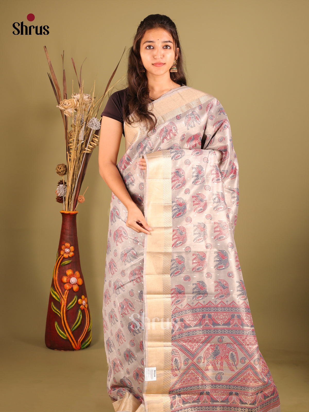 Grey - Semi Tissue Saree