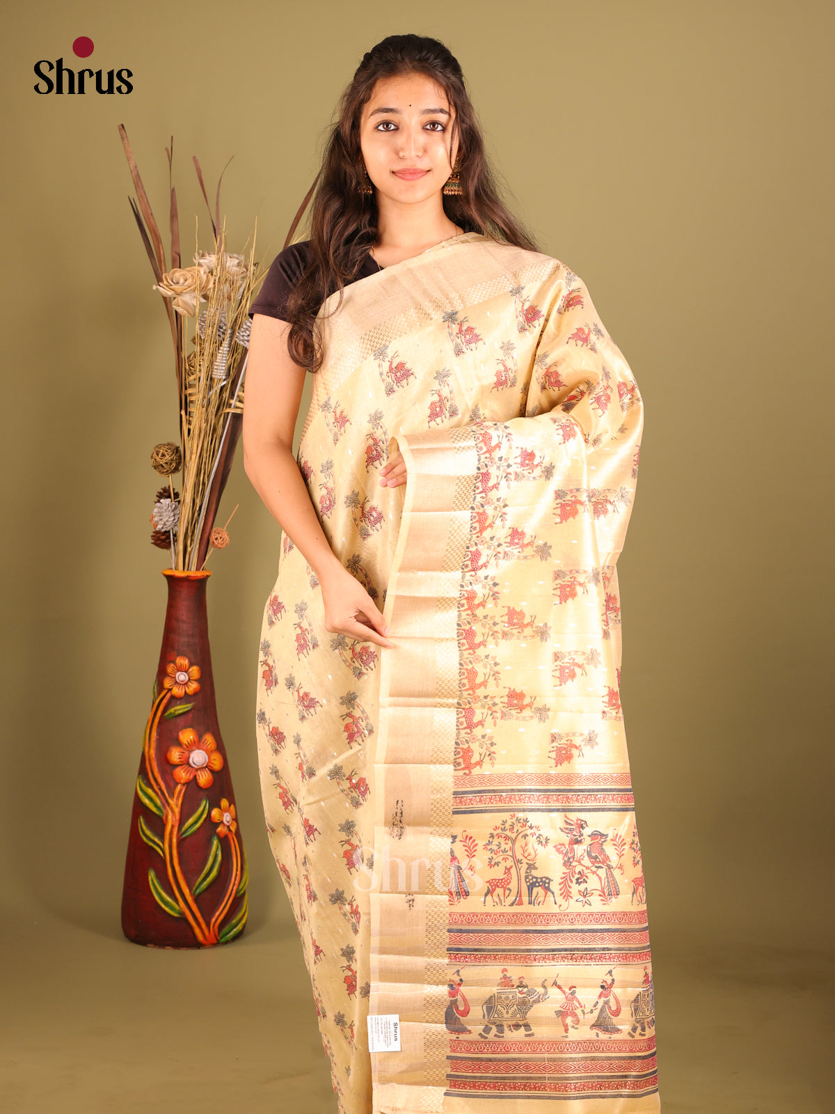 Cream - Semi Tissue Saree