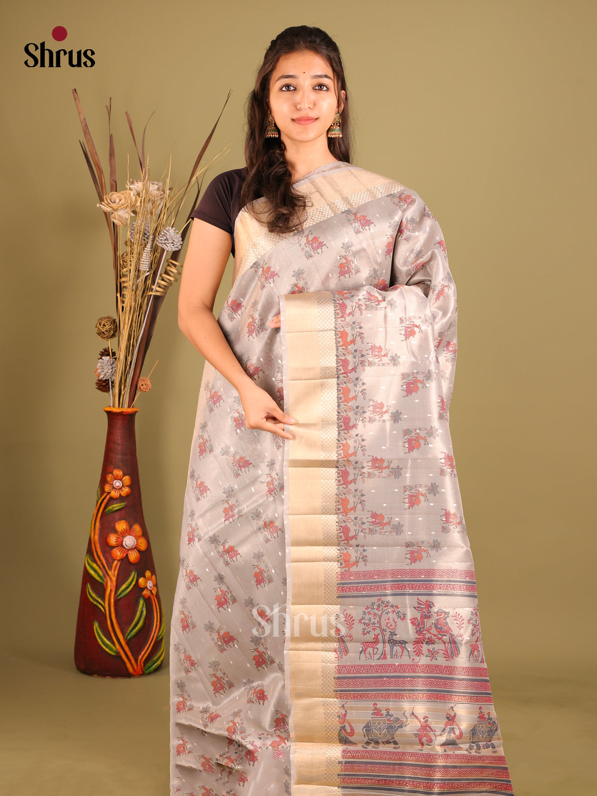 Grey - Semi Tissue Saree