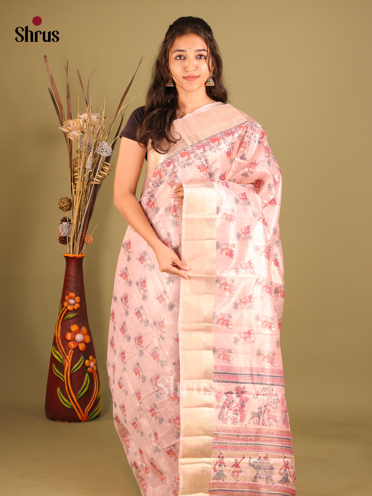 Pink - Semi Tissue Saree - Shop on Shrus.com
