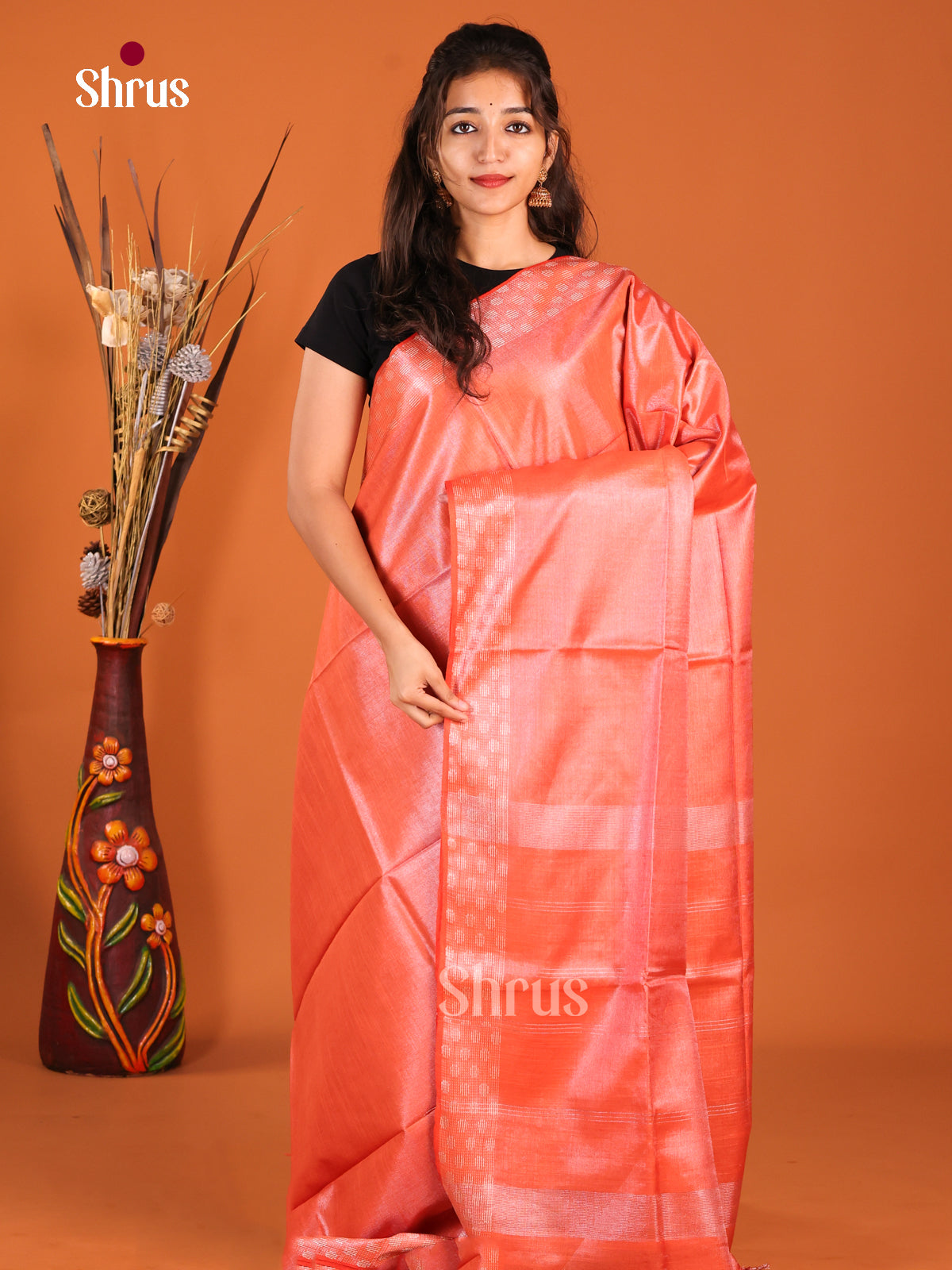 Orange - Semi Tissue Saree