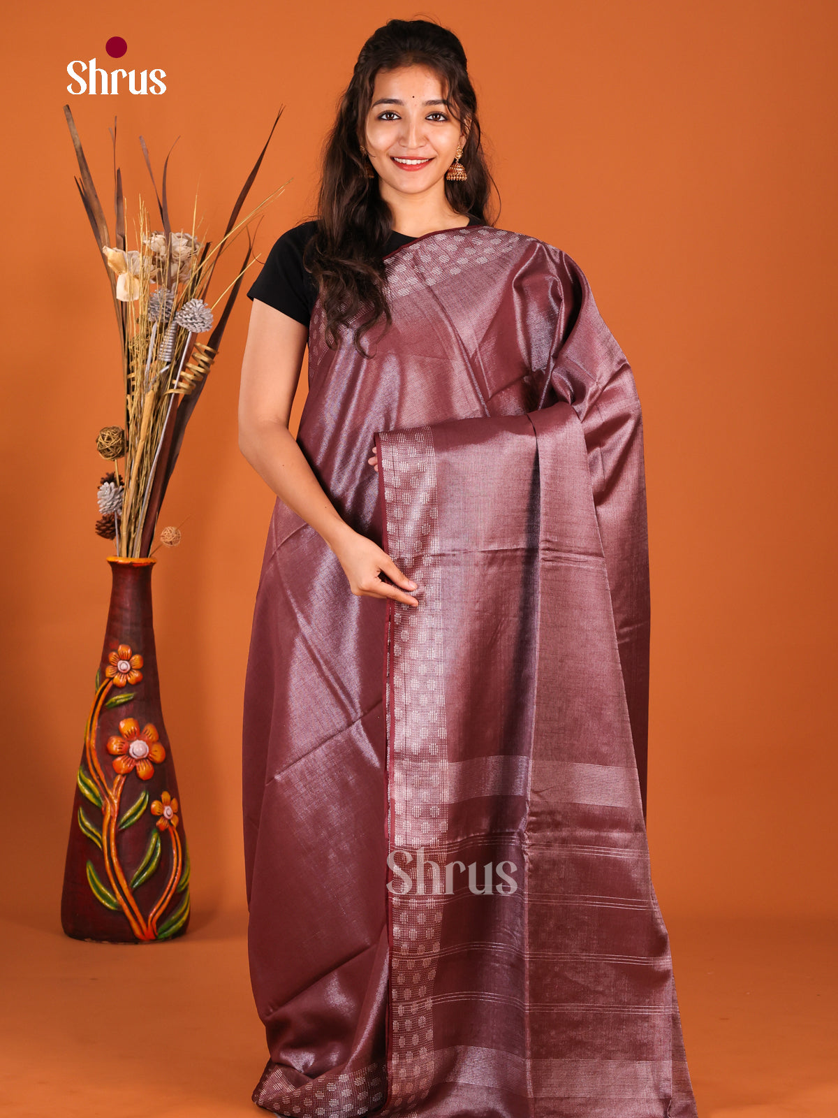 Maroon - Semi Tissue Saree - Shop on Shrus.com