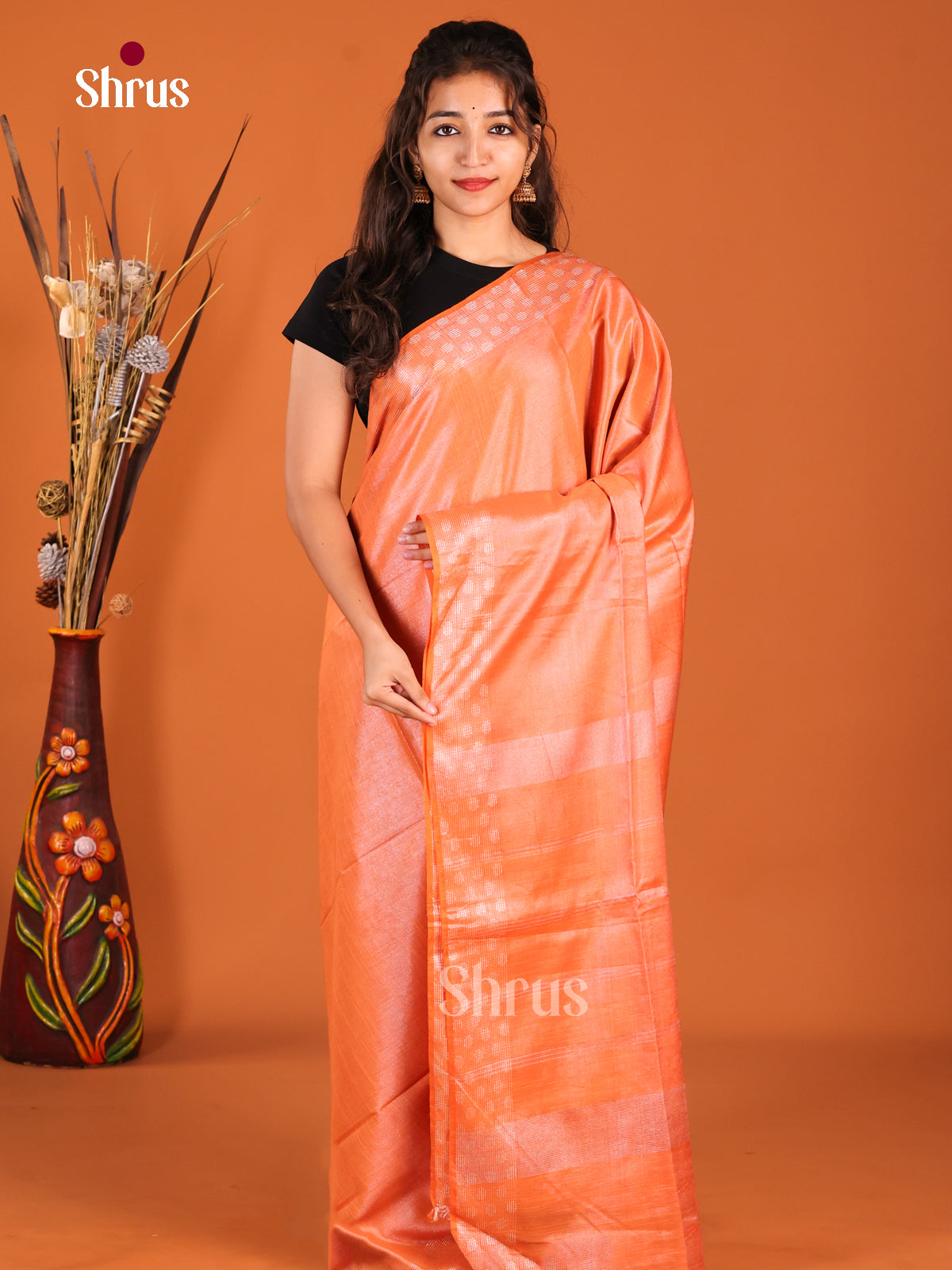 Orange - Semi Tissue Saree