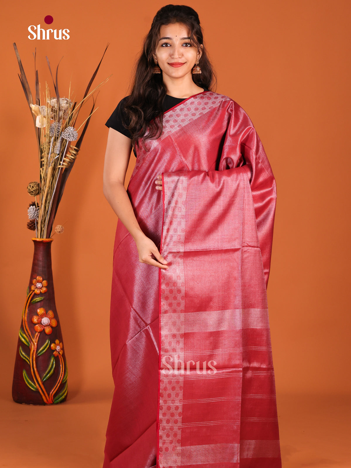 Maroon - Semi Tissue Saree