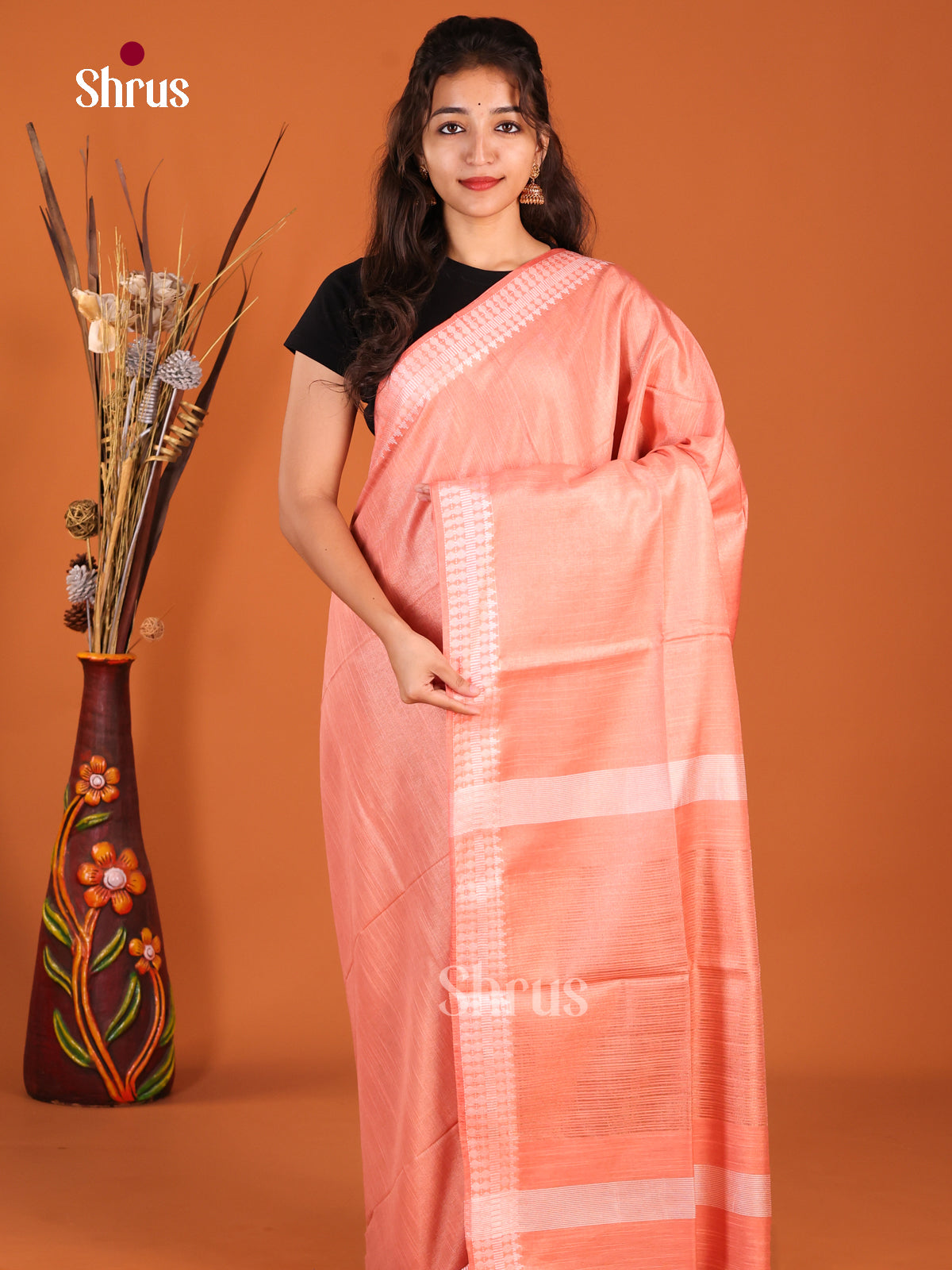 Peach - Semi Tissue Saree