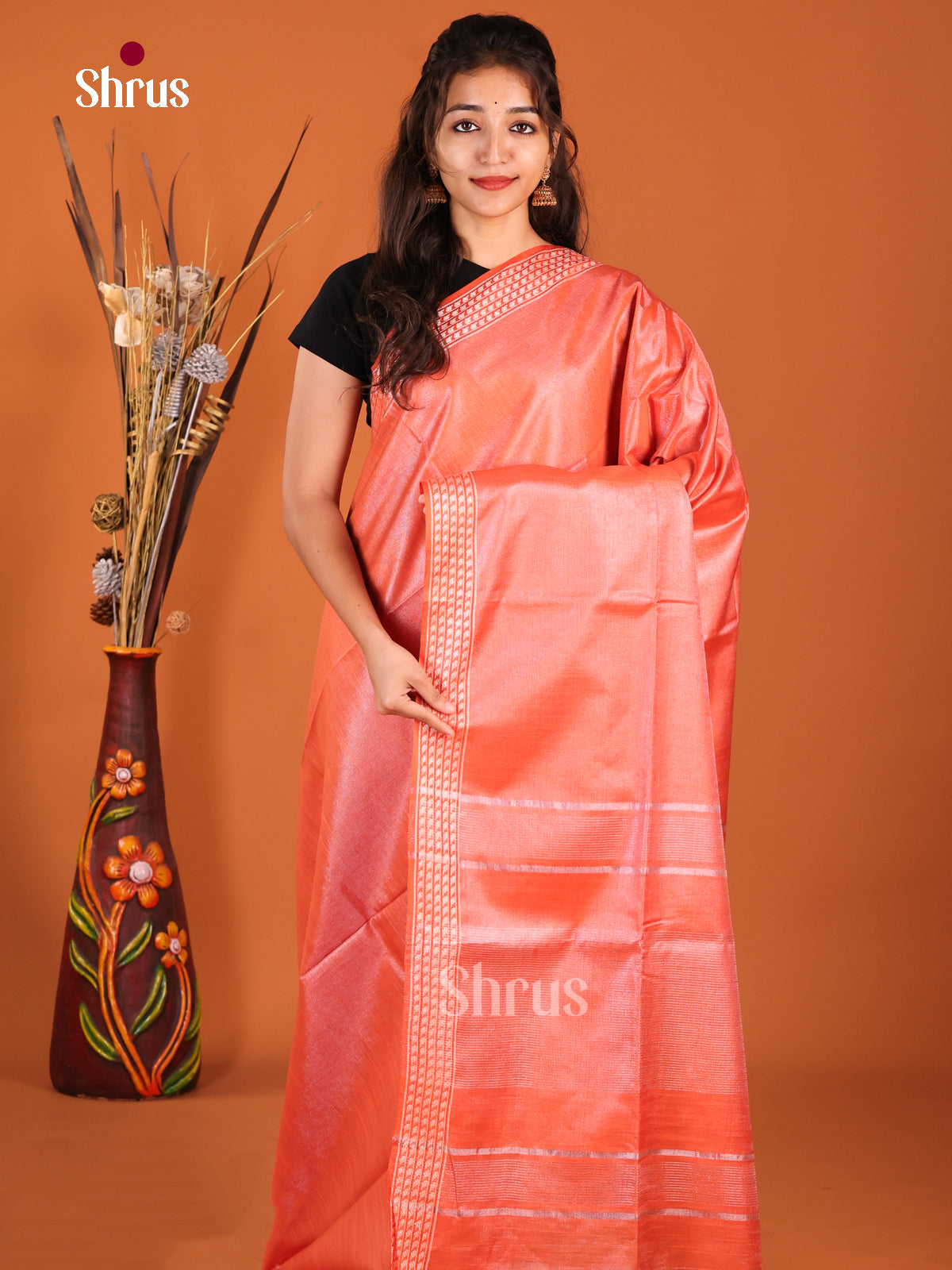 Orange - Semi Tissue Saree