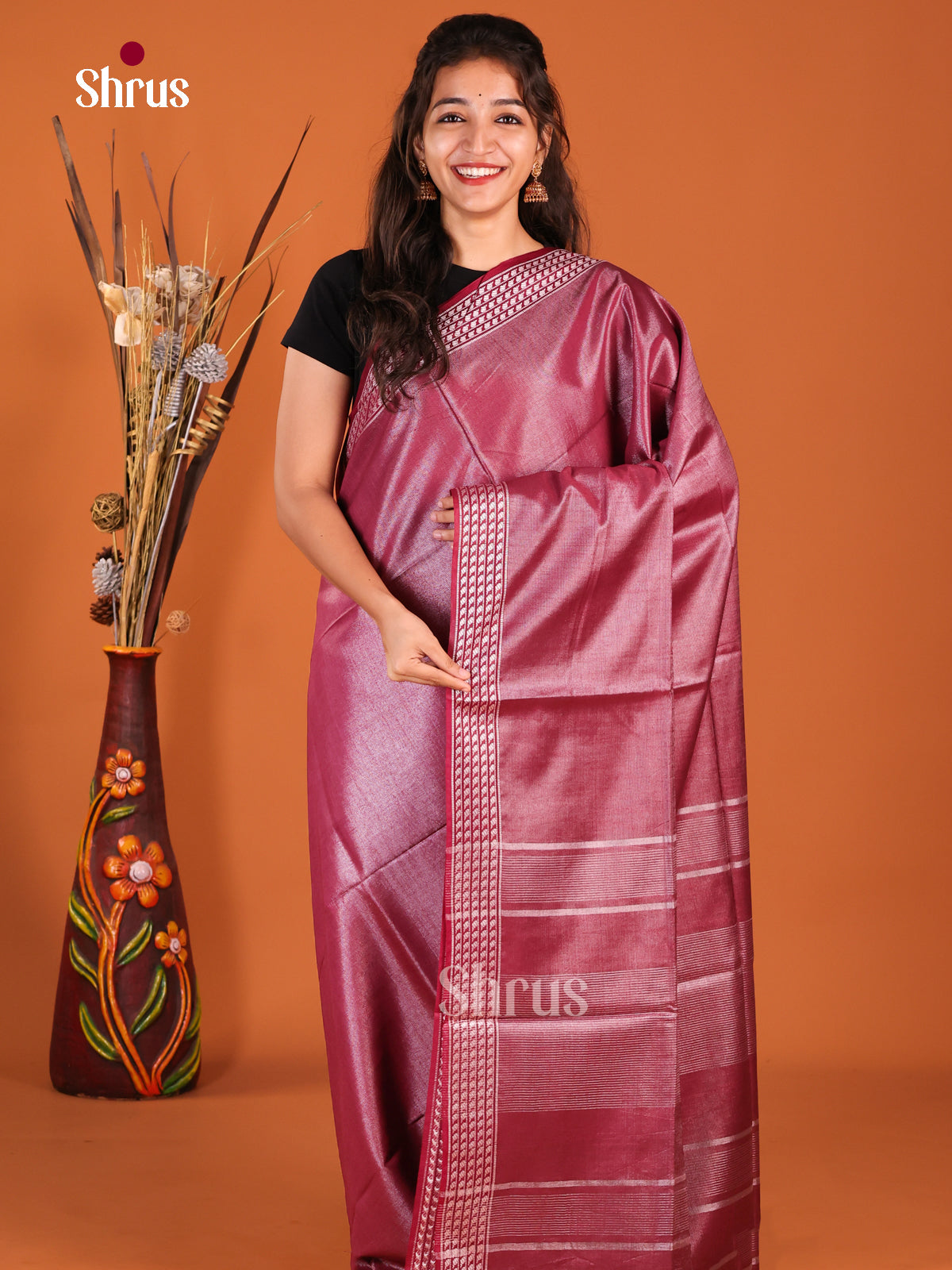 Maroon - Semi Tissue Saree