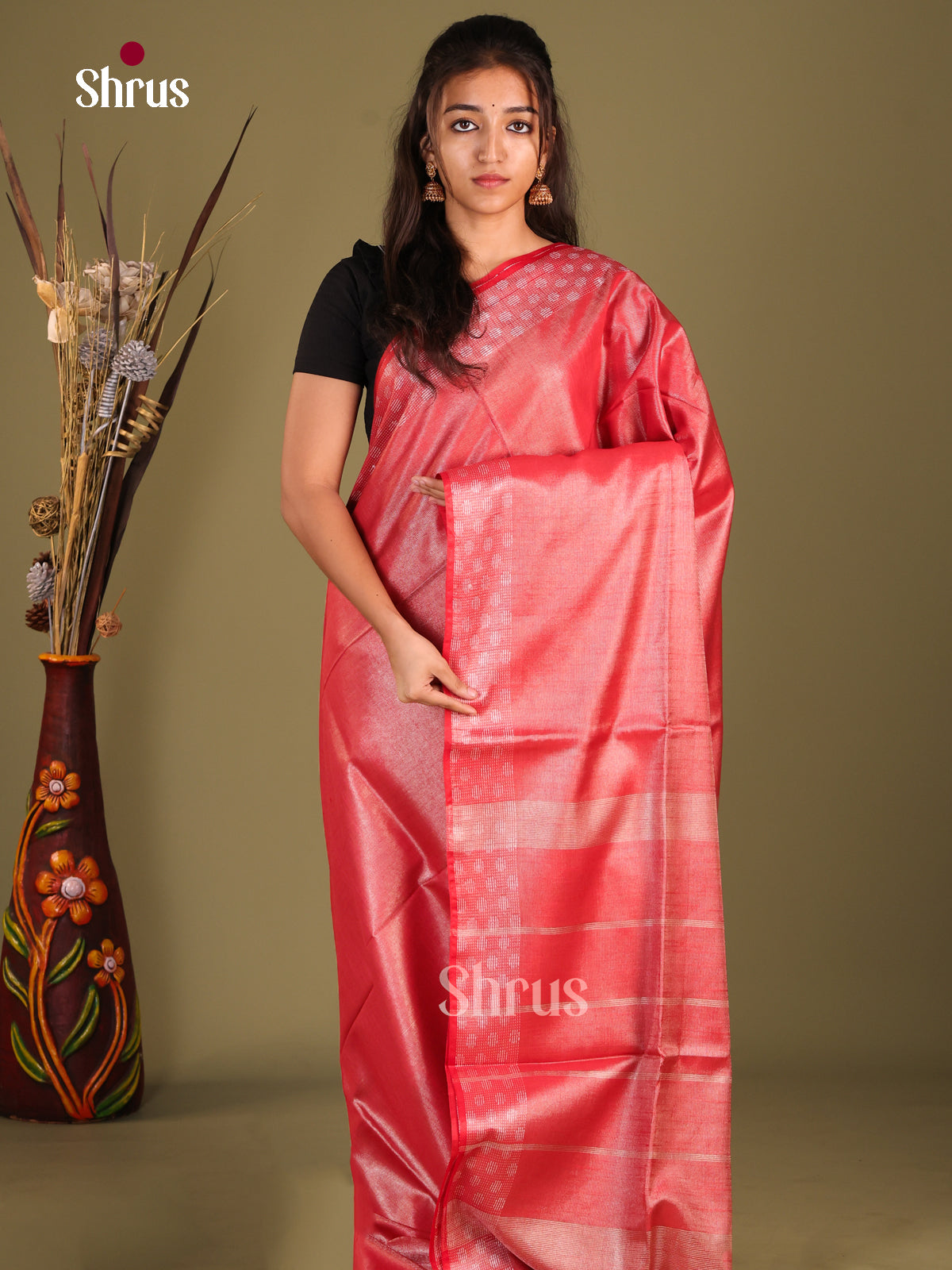 Red- Semi Tissue Saree - Shop on Shrus.com