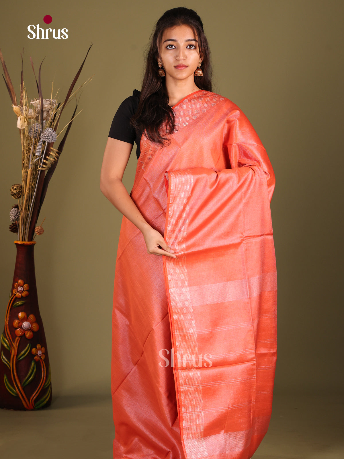 Orange - Semi Tissue Saree
