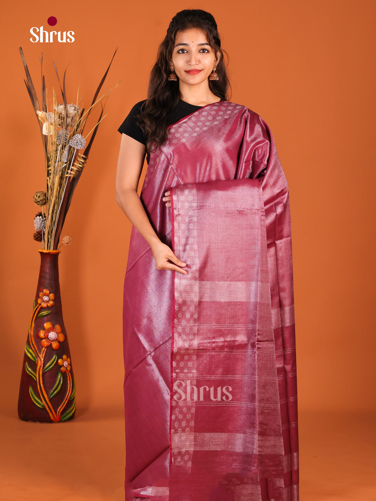 Maroon - Semi Tissue Saree
