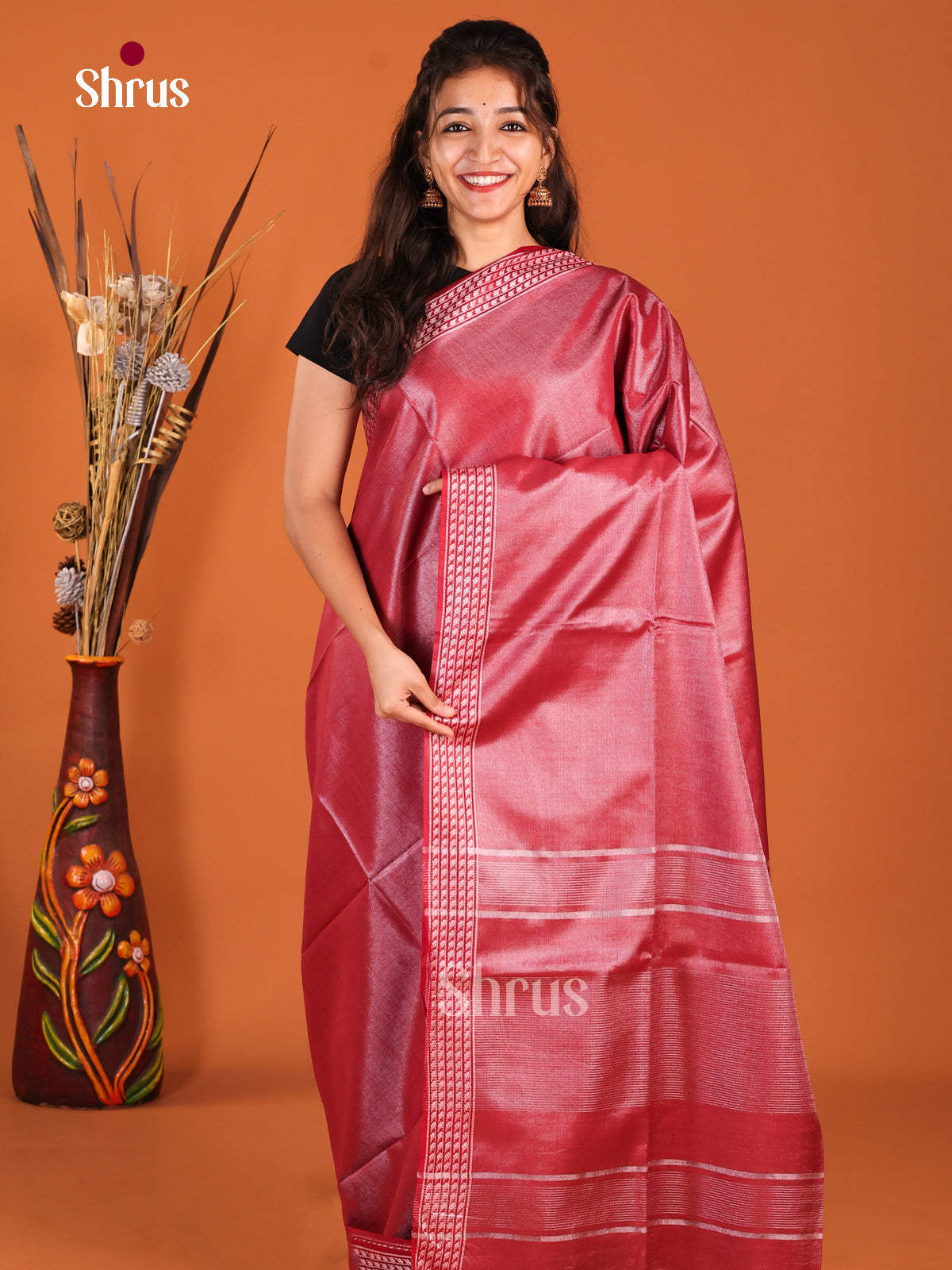 Maroon - Semi Tissue Saree