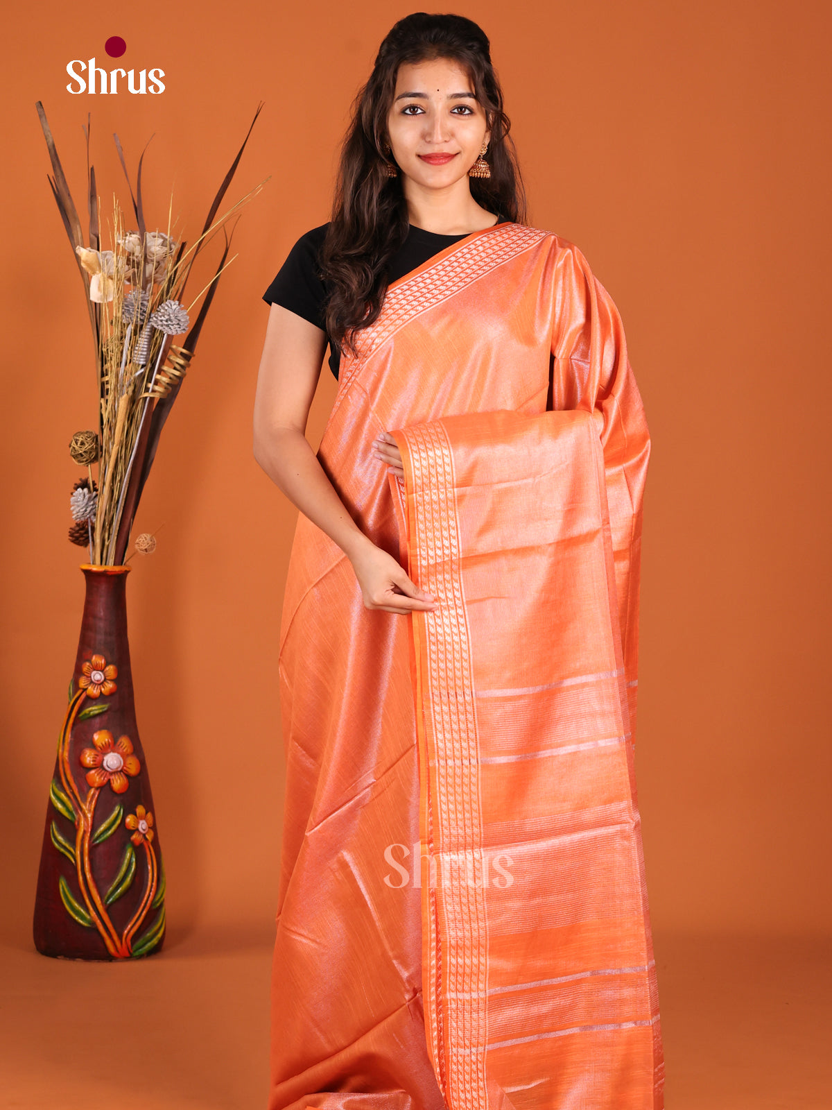 Orange - Semi Tissue Saree - Shop on Shrus.com