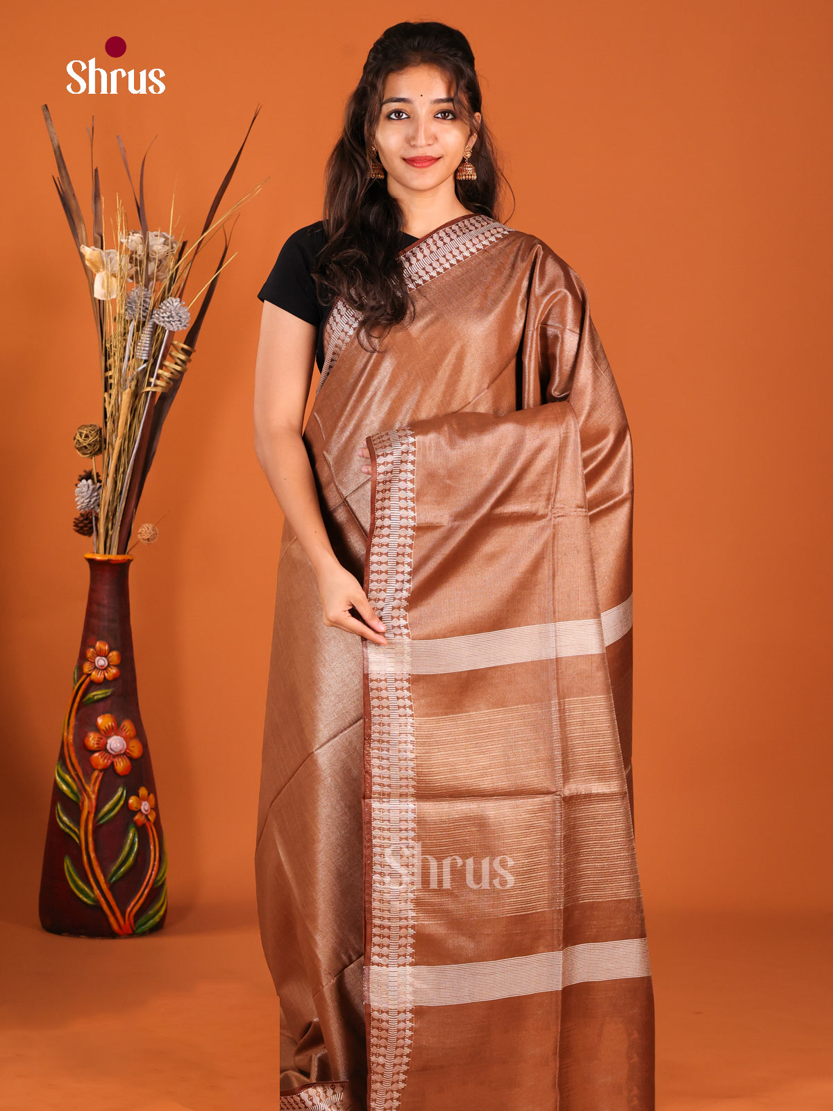 Brown - Semi Tissue Saree