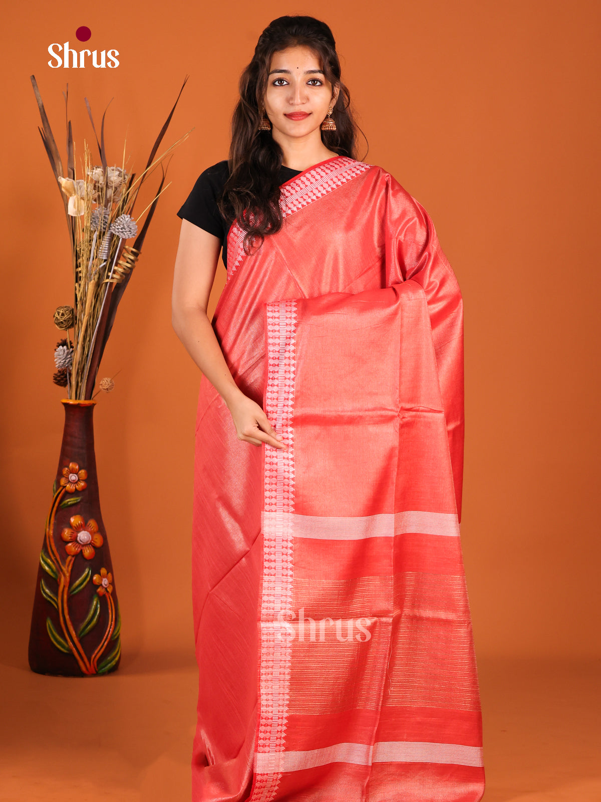 Red- Semi Tissue Saree - Shop on Shrus.com