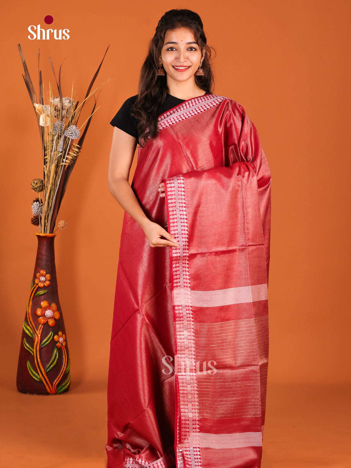 Red - Semi Tissue Saree