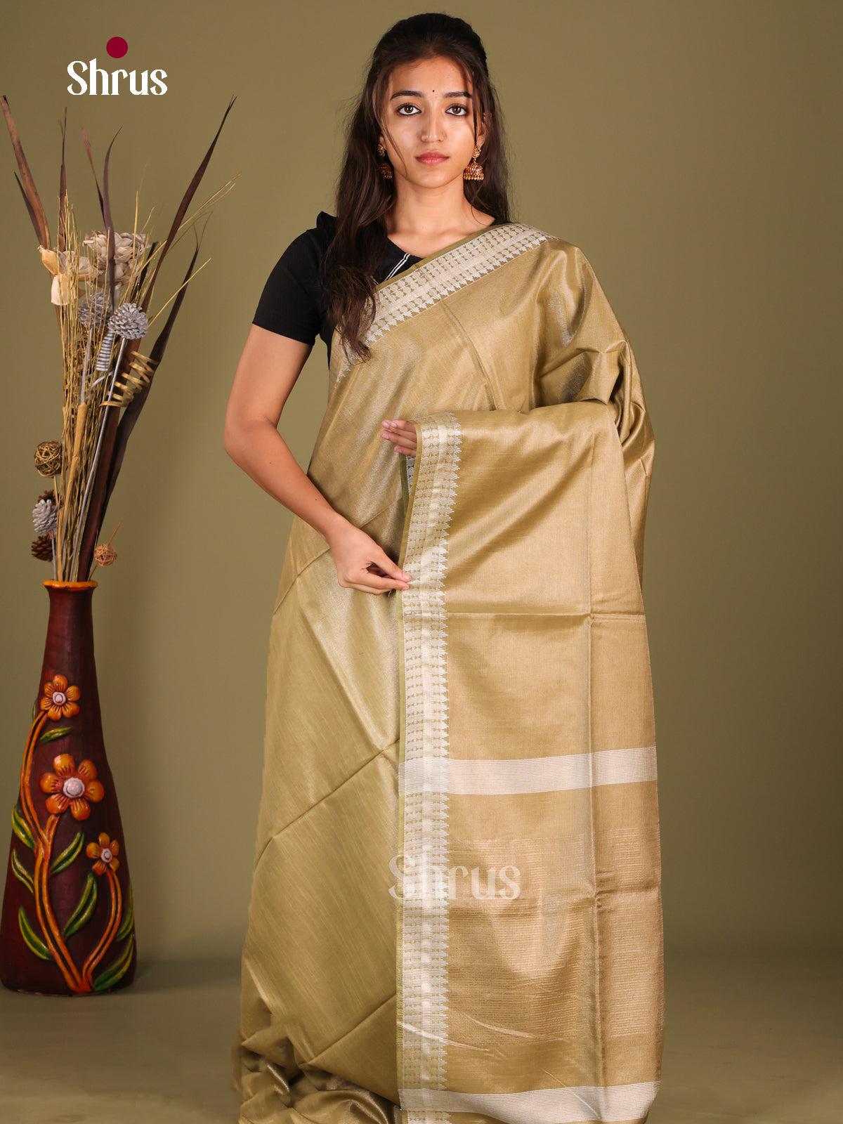 Beige - Semi Tissue Saree - Shop on Shrus.com