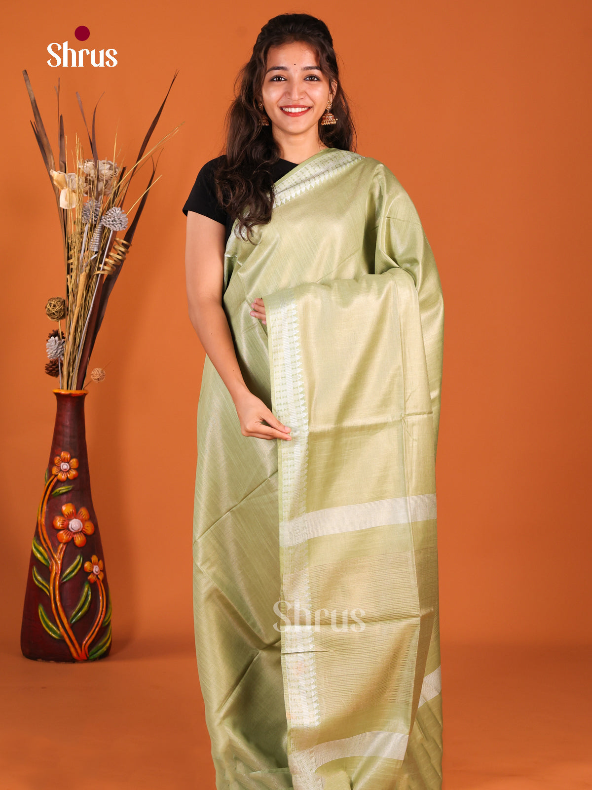 Pastel Green - Semi Tissue Saree - Shop on Shrus.com