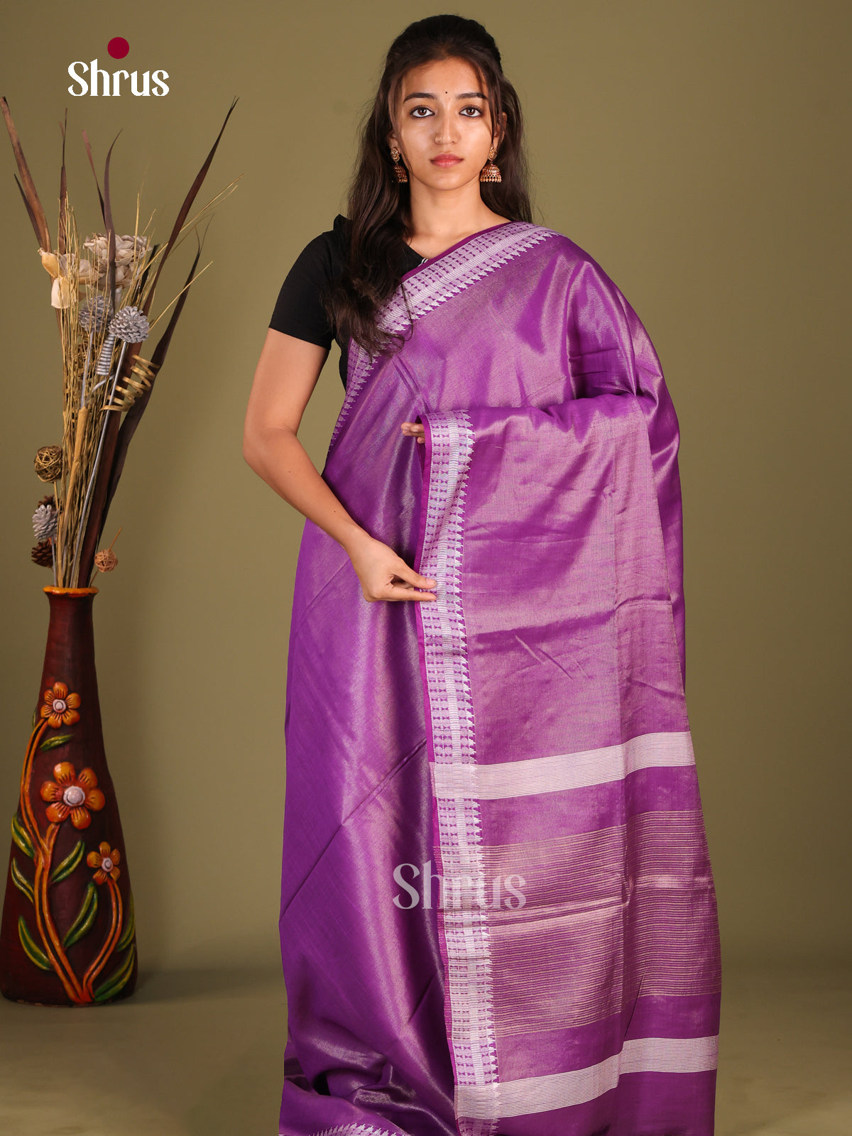 Purple - Semi Tissue Saree - Shop on Shrus.com