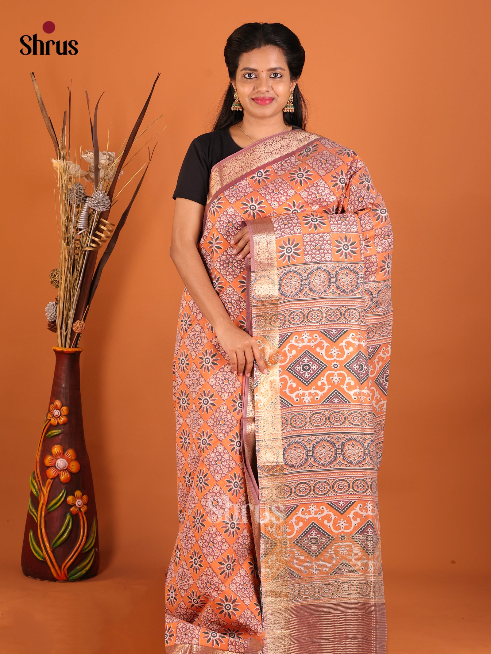 Orange & Black - Moonga Silk Saree
