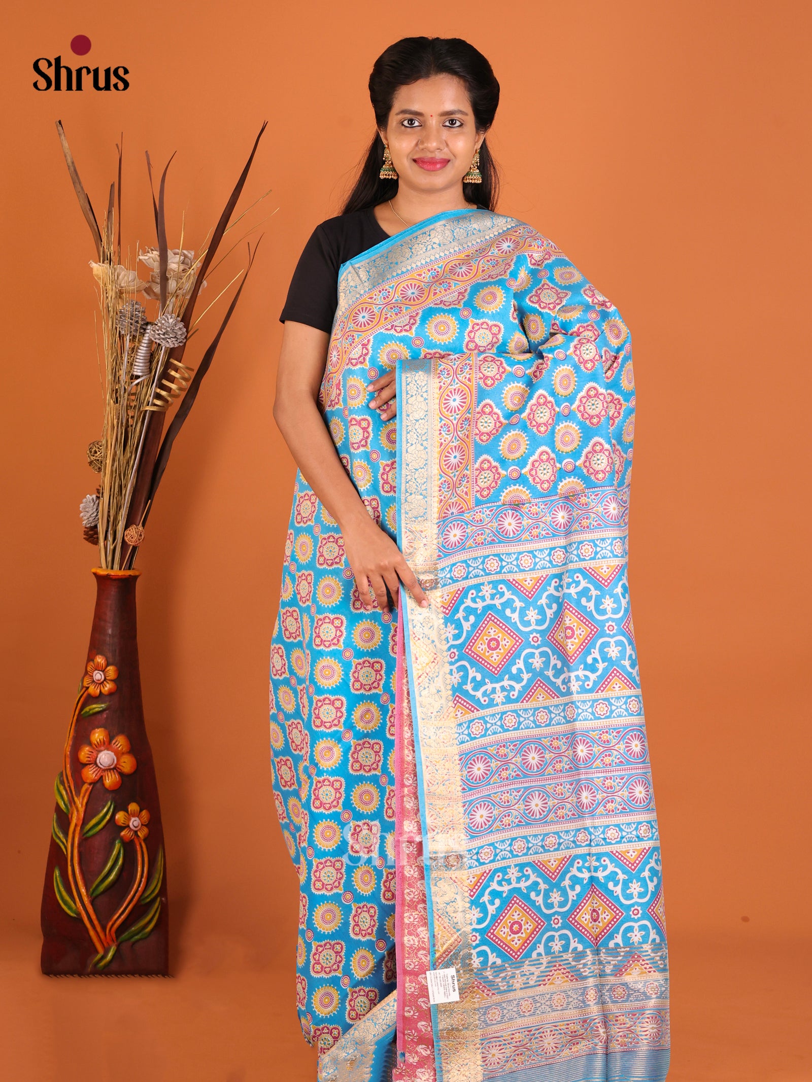 Blue & Pink - Moonga Silk Saree