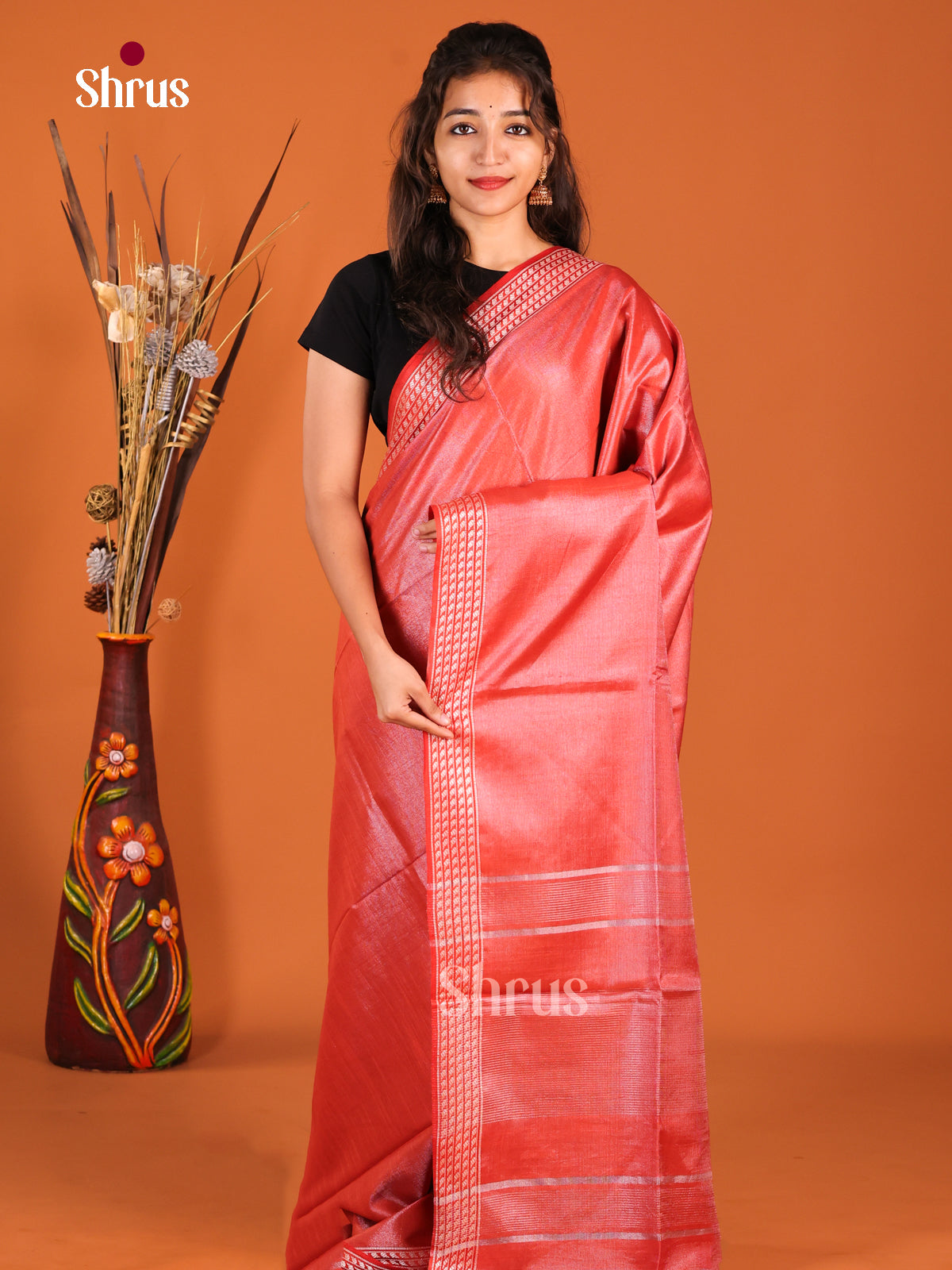 Red - Semi Tissue Saree - Shop on Shrus.com