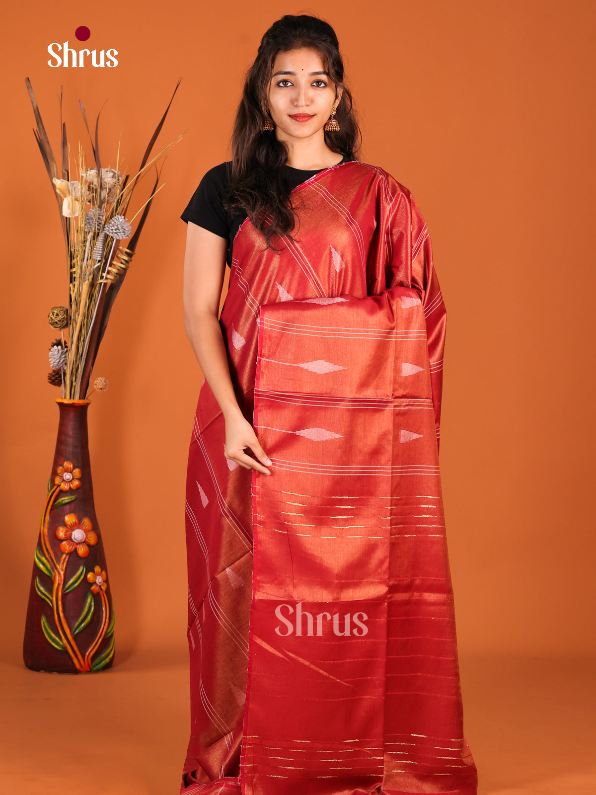 Red - Semi Tissue Saree - Shop on Shrus.com