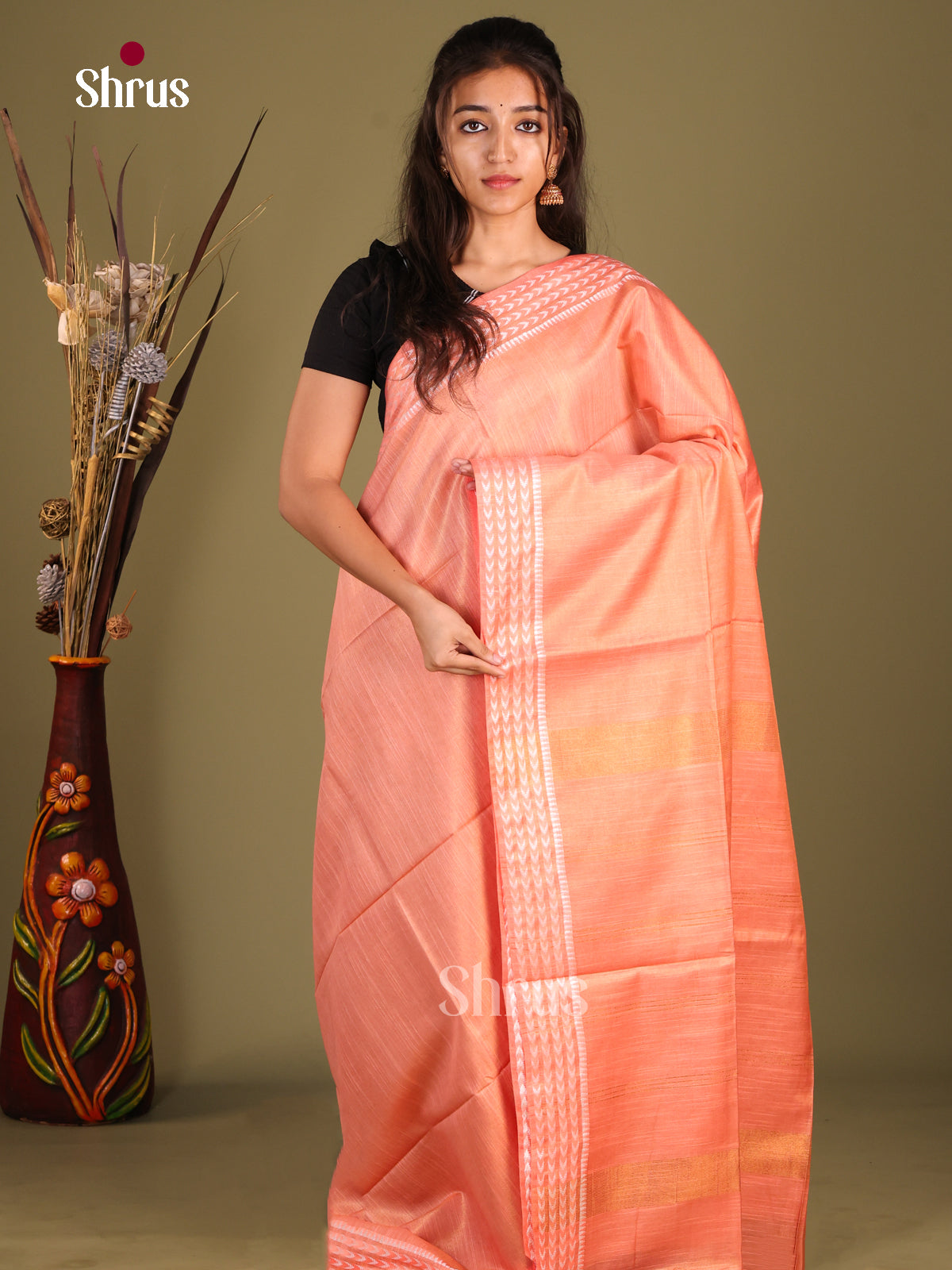 Peach - Semi Tissue Saree