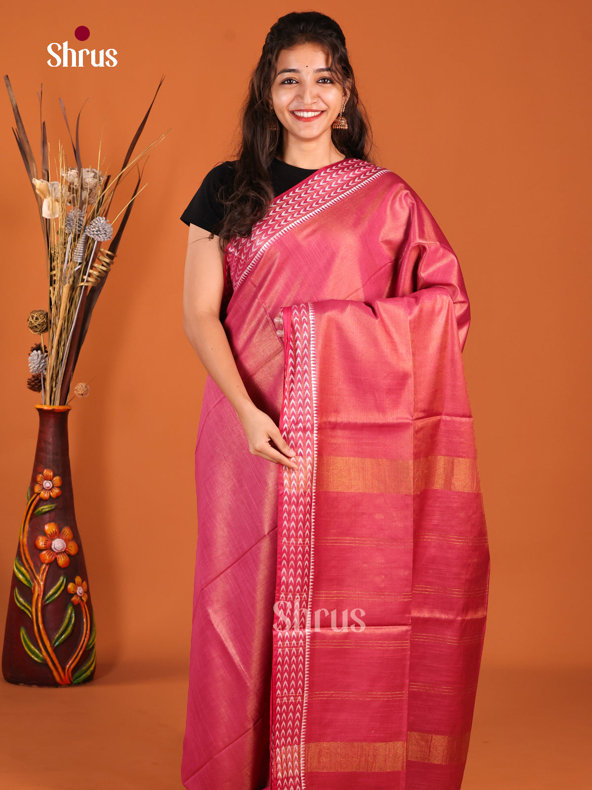 Reddish Pink - Semi Tissue Saree