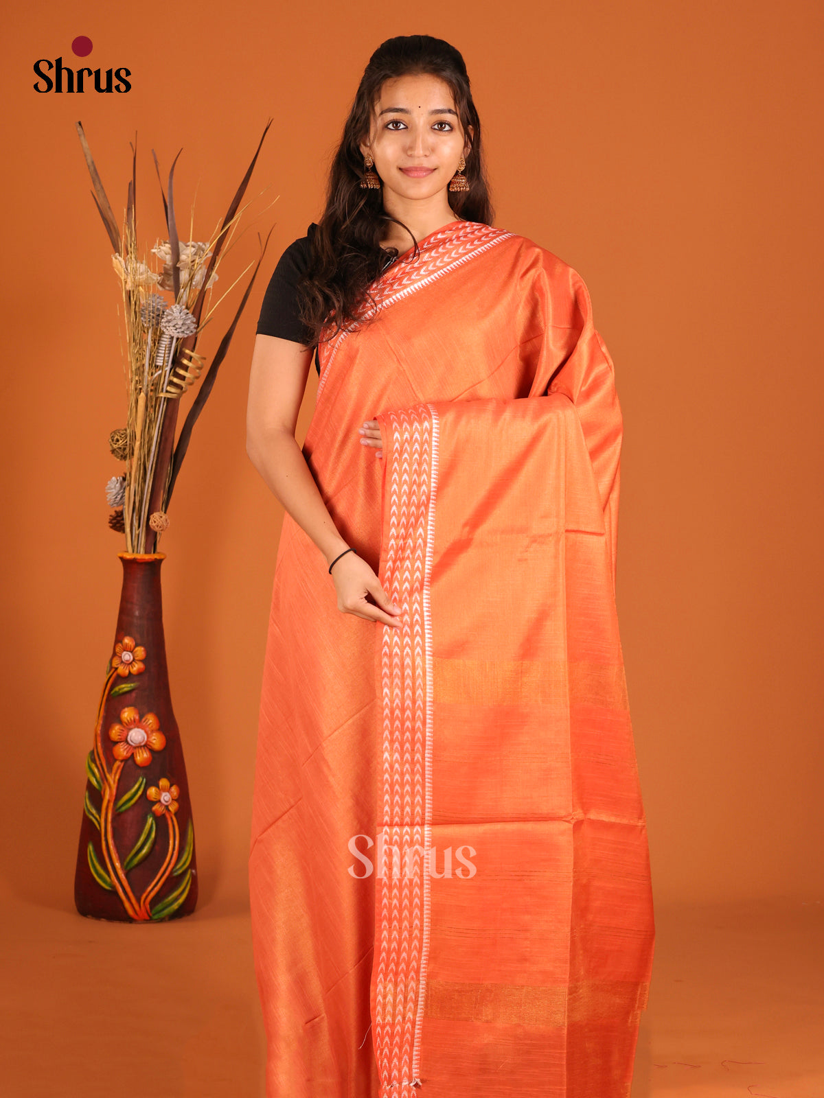 Orange - Semi Tissue Saree