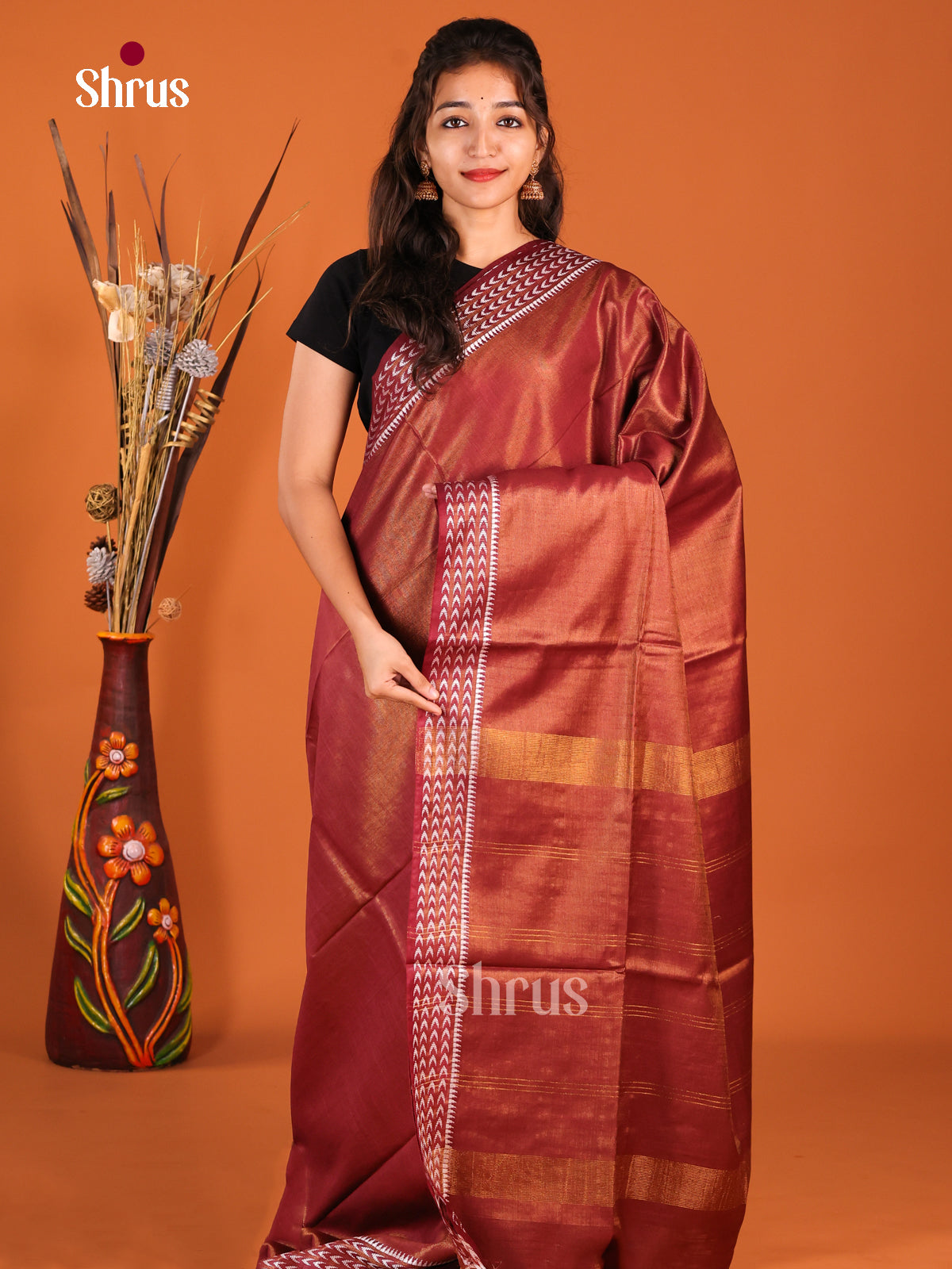 Maroon - Semi Tissue Saree