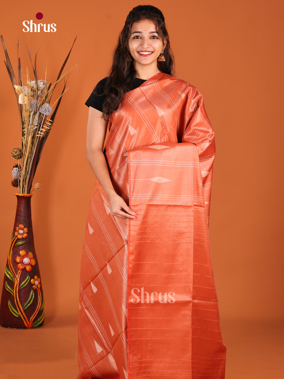 Orange - Semi Tissue Saree - Shop on Shrus.com