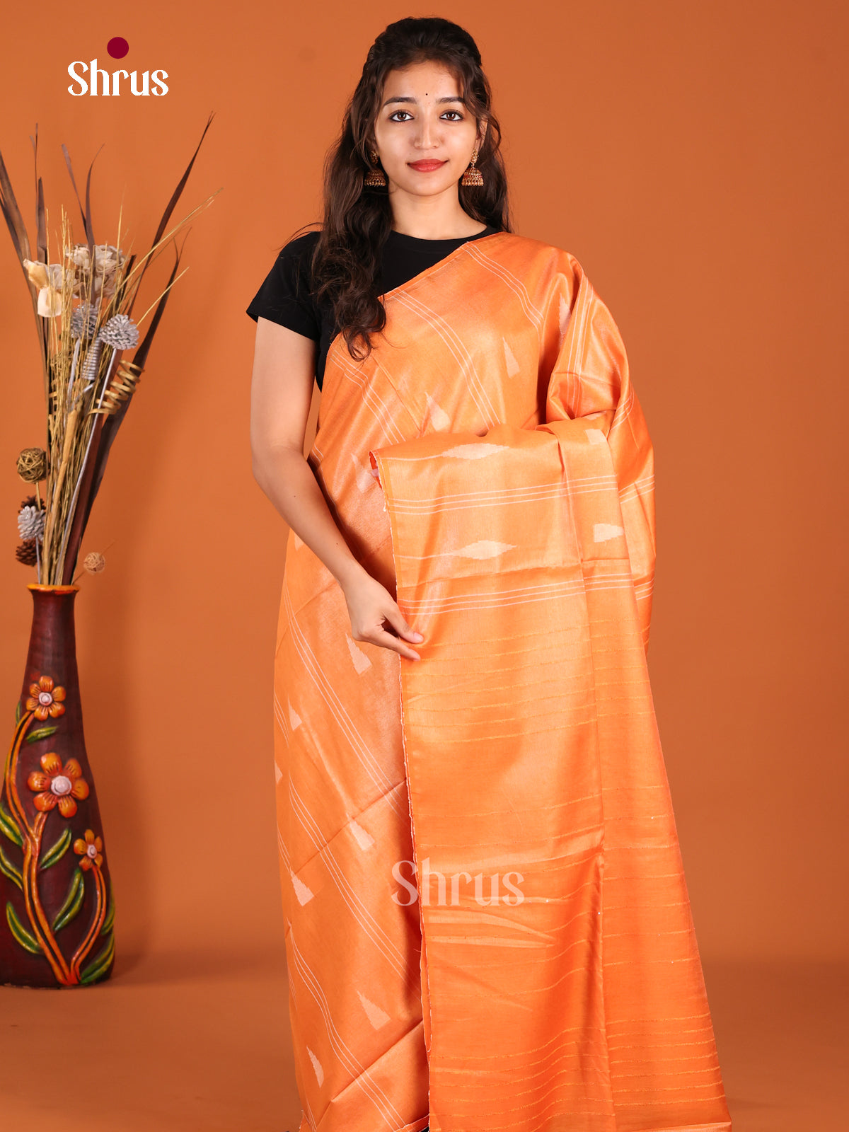 Orange - Semi Tissue Saree