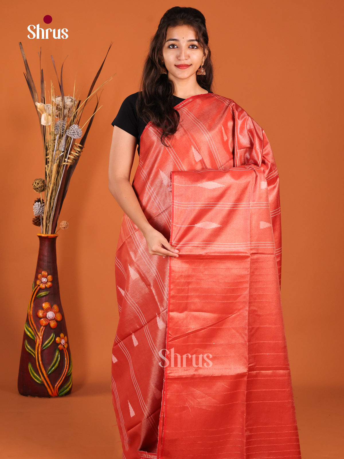 Red - Semi Tissue Saree - Shop on Shrus.com