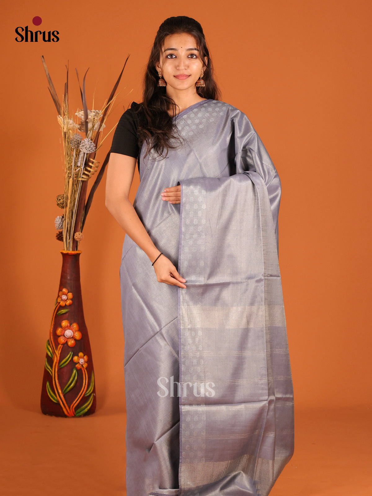 Grey - Semi Tissue Saree - Shop on Shrus.com