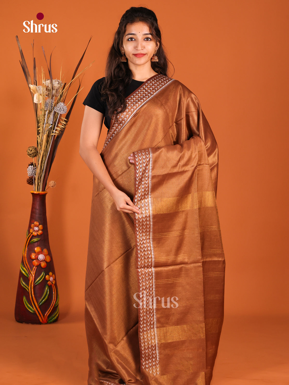 Brown - Semi Tissue Saree