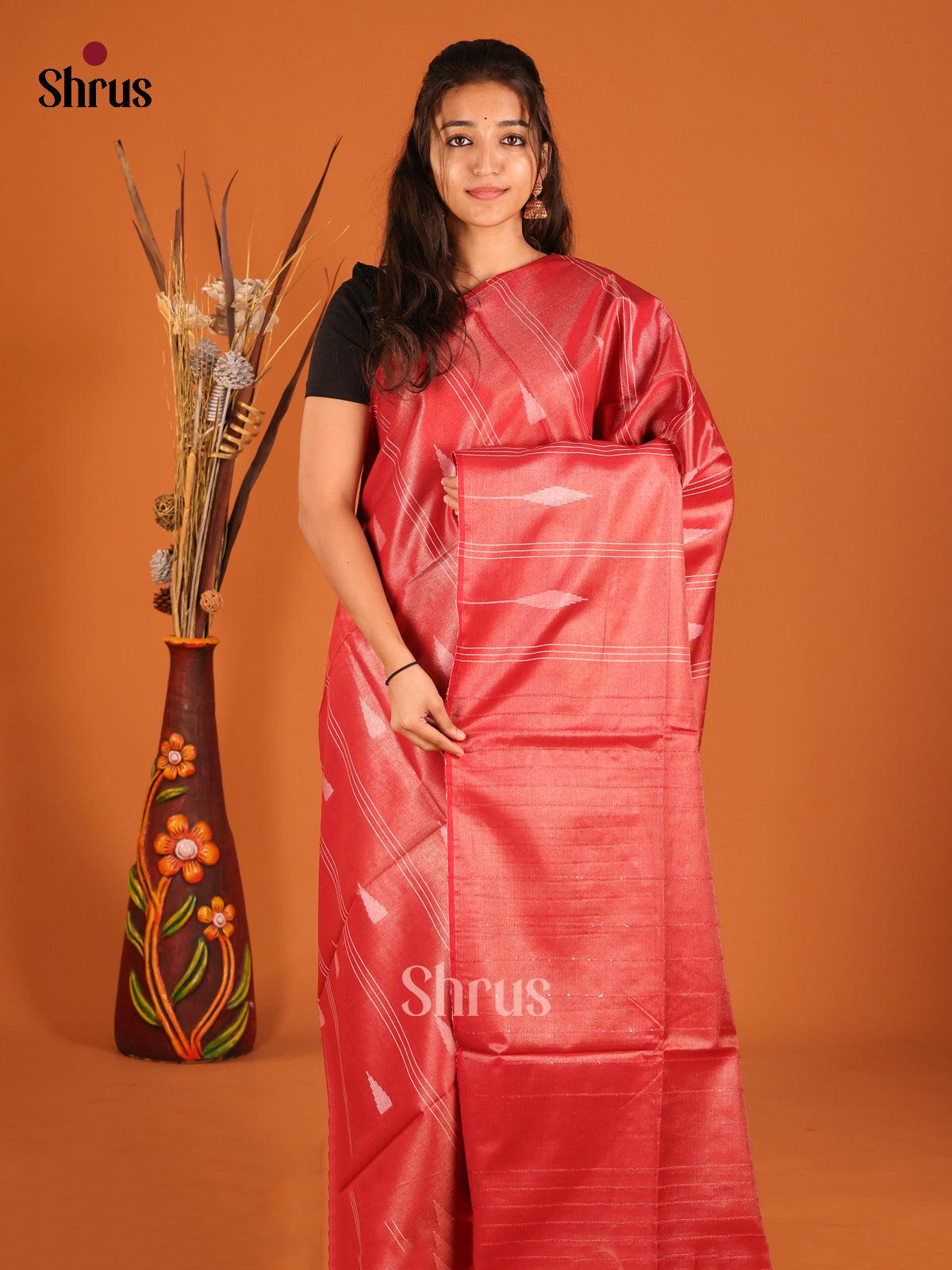 Red- Semi Tissue Saree - Shop on Shrus.com