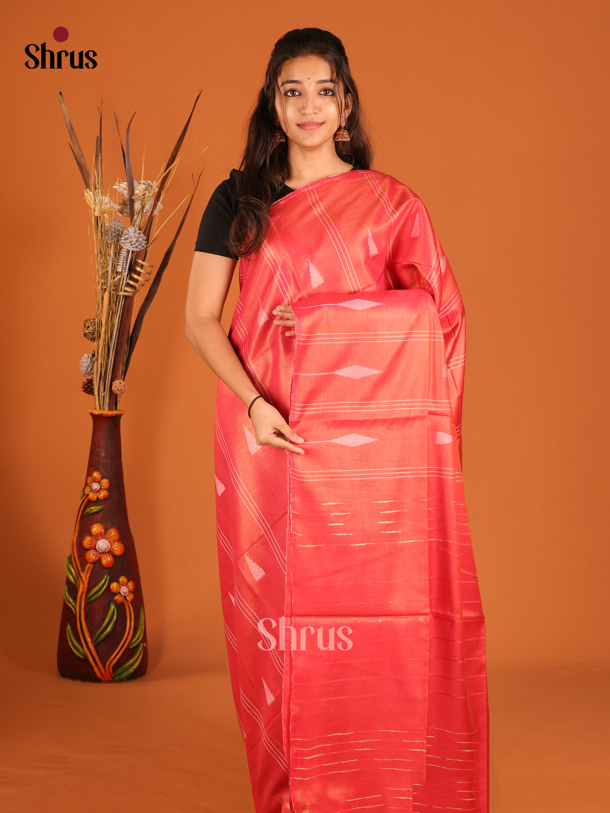 Orange - Semi Tissue Saree