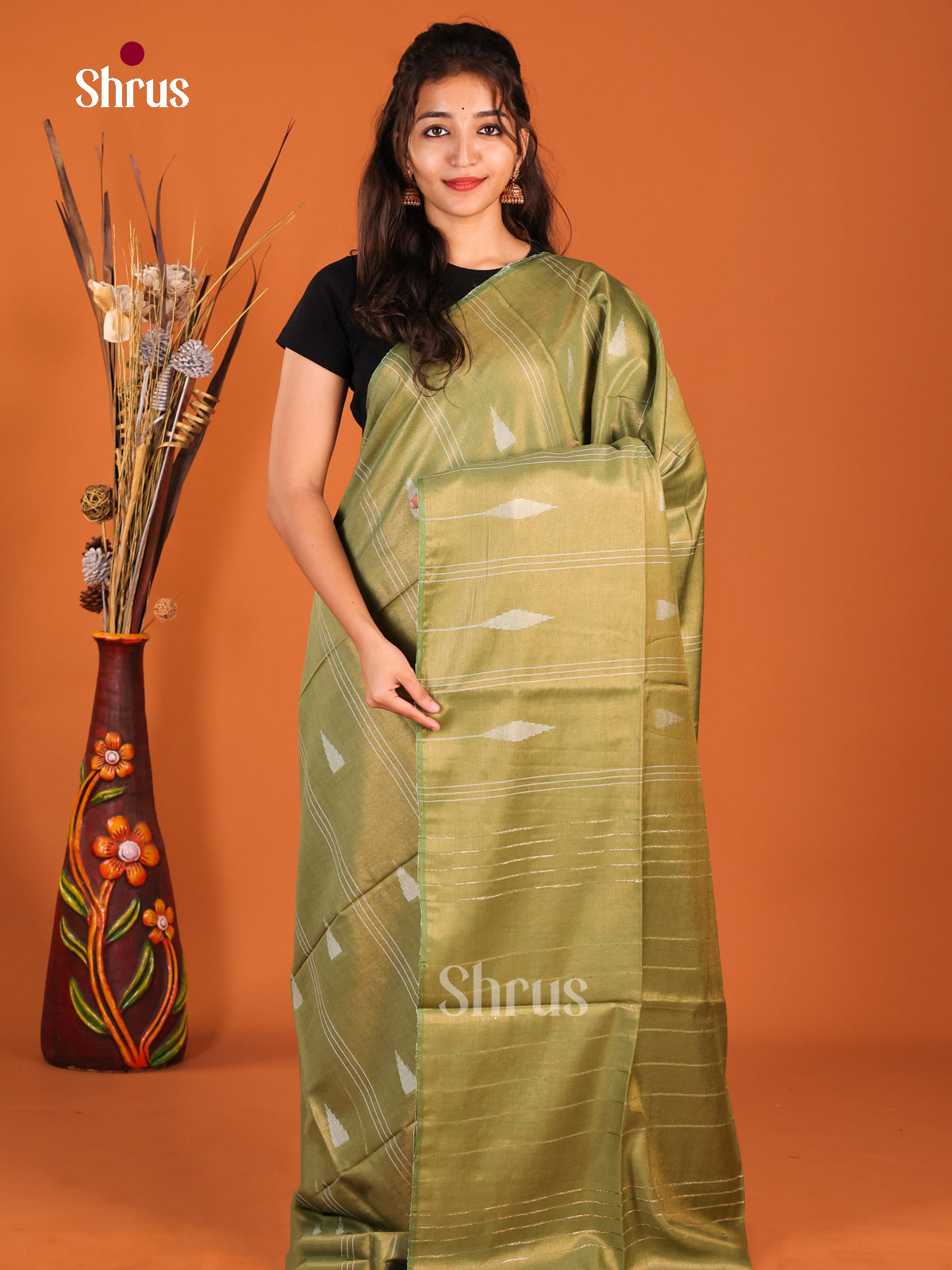 Green - Semi Tissue Saree - Shop on Shrus.com