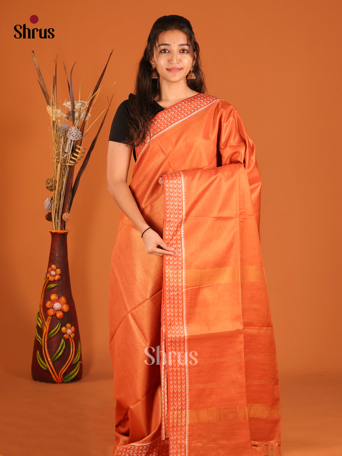 Orange - Semi Tissue Saree