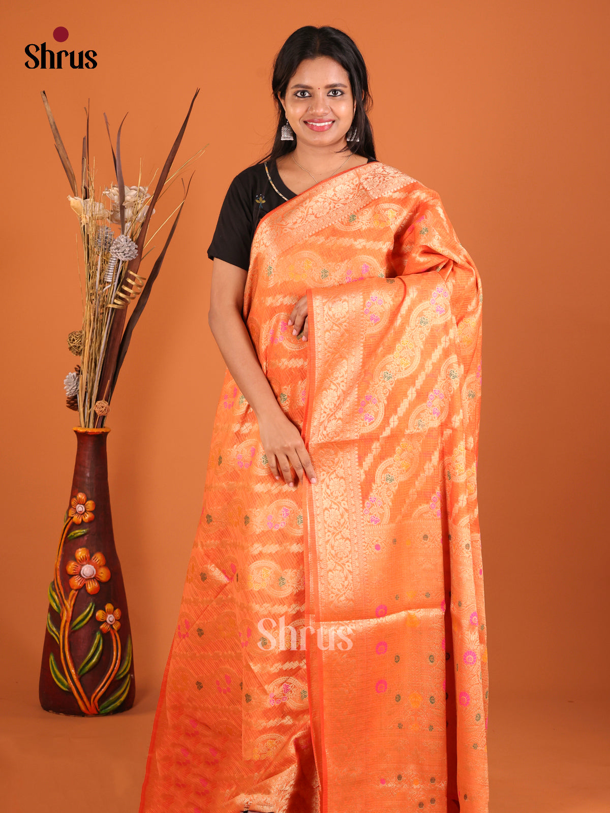 orange lined zari North Silk Cotton Saree