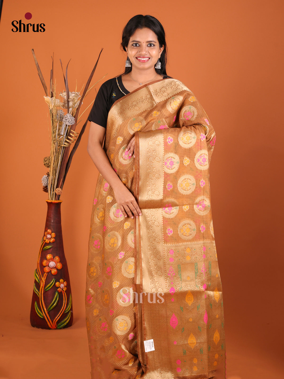 brown round small pink North Silk Cotton Saree