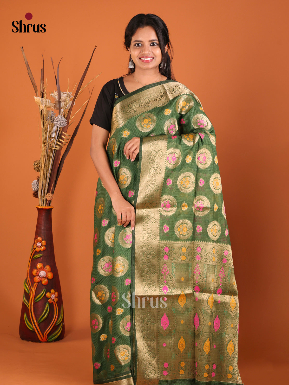 bottle green round desing yellow North Silk Cotton Saree
