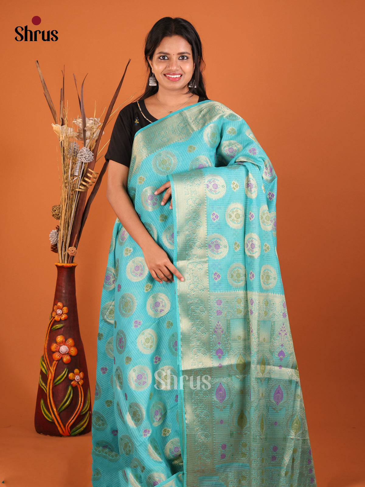 sky blue round desinged North Silk Cotton Saree