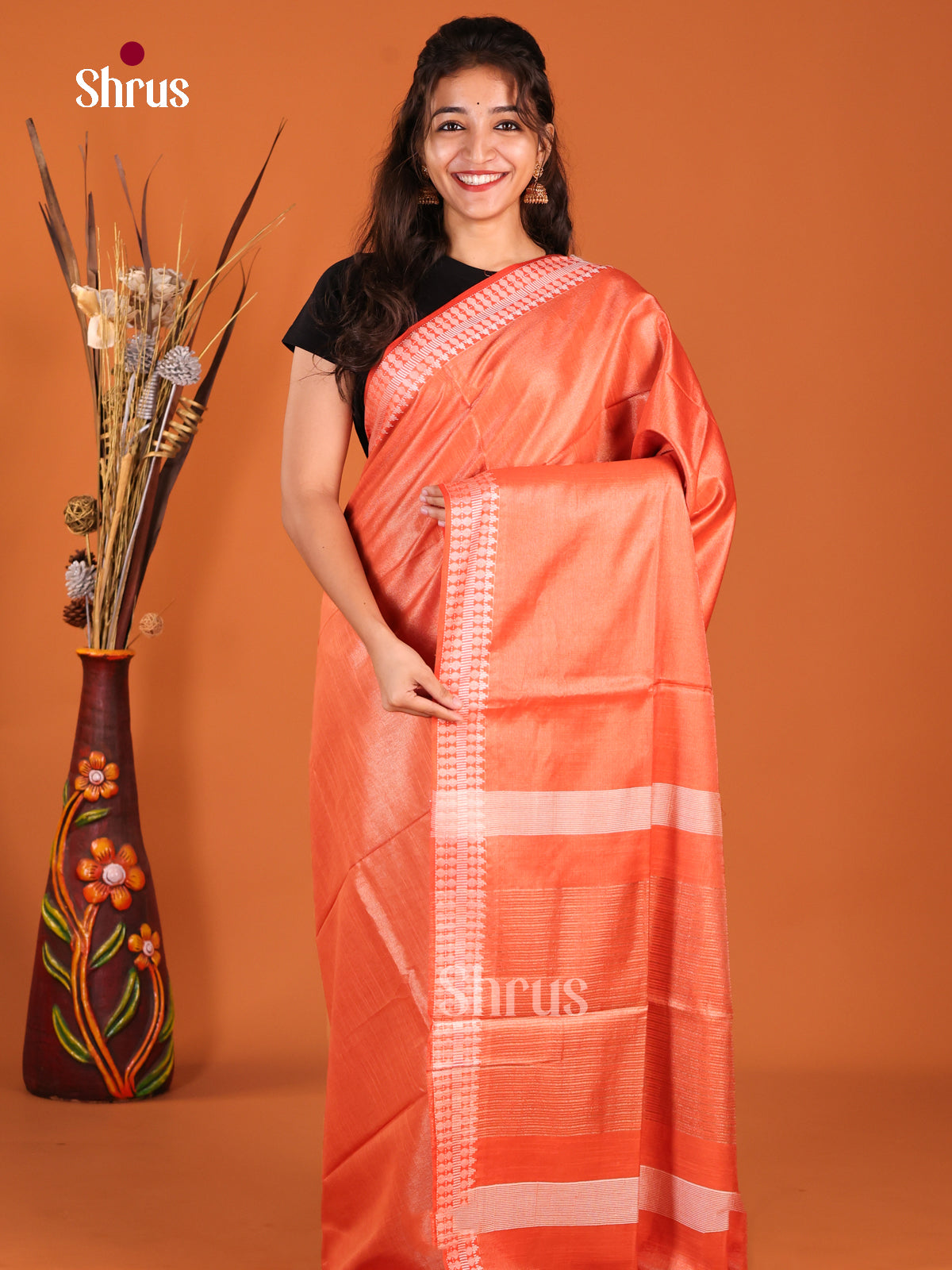 Orange - Semi Tissue Saree