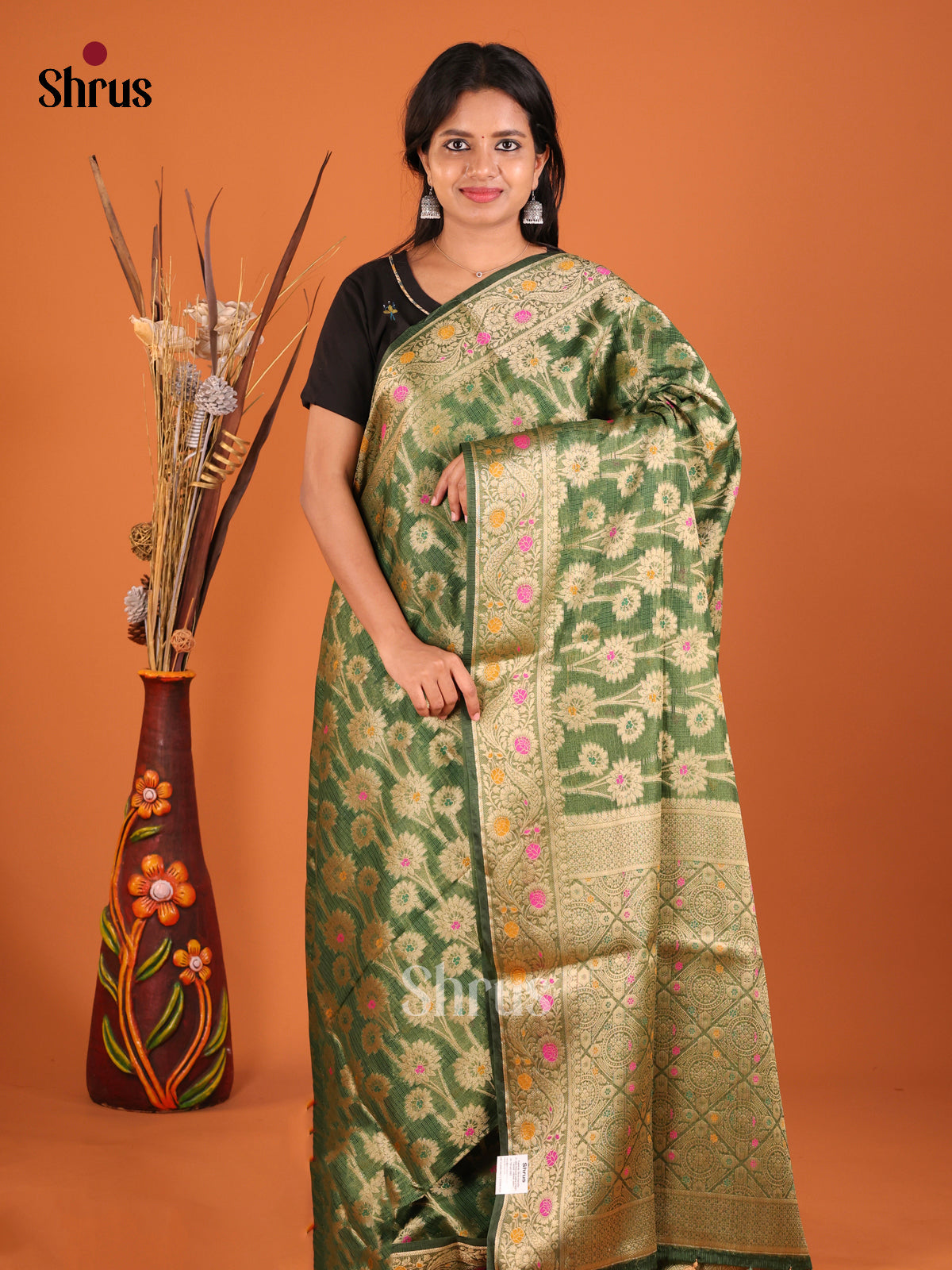 green gold flower zari North Silk Cotton Saree