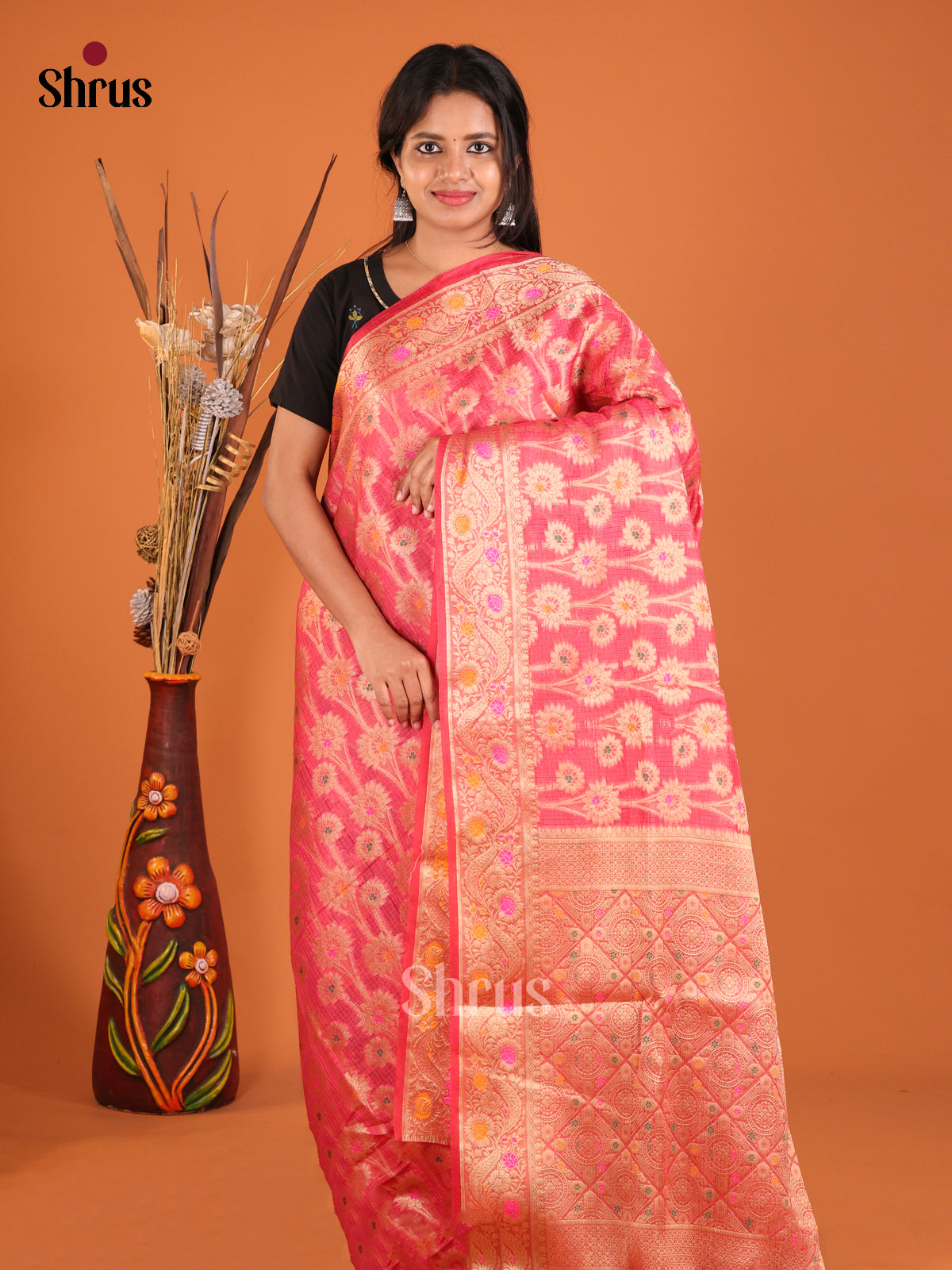 pinkish red zari North Silk Cotton Saree