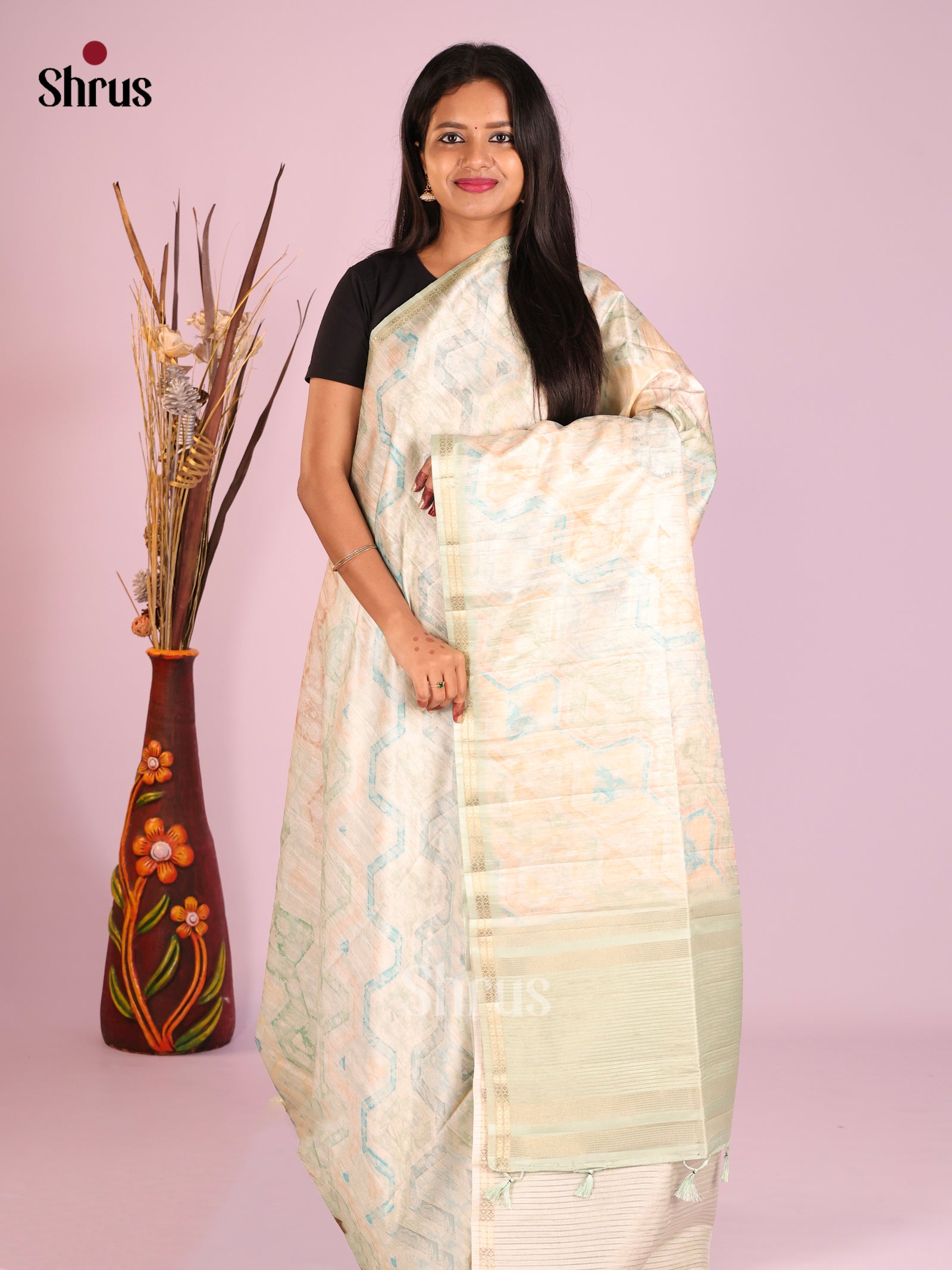 Cream & Light Green- Printed Semi Tussar Saree
